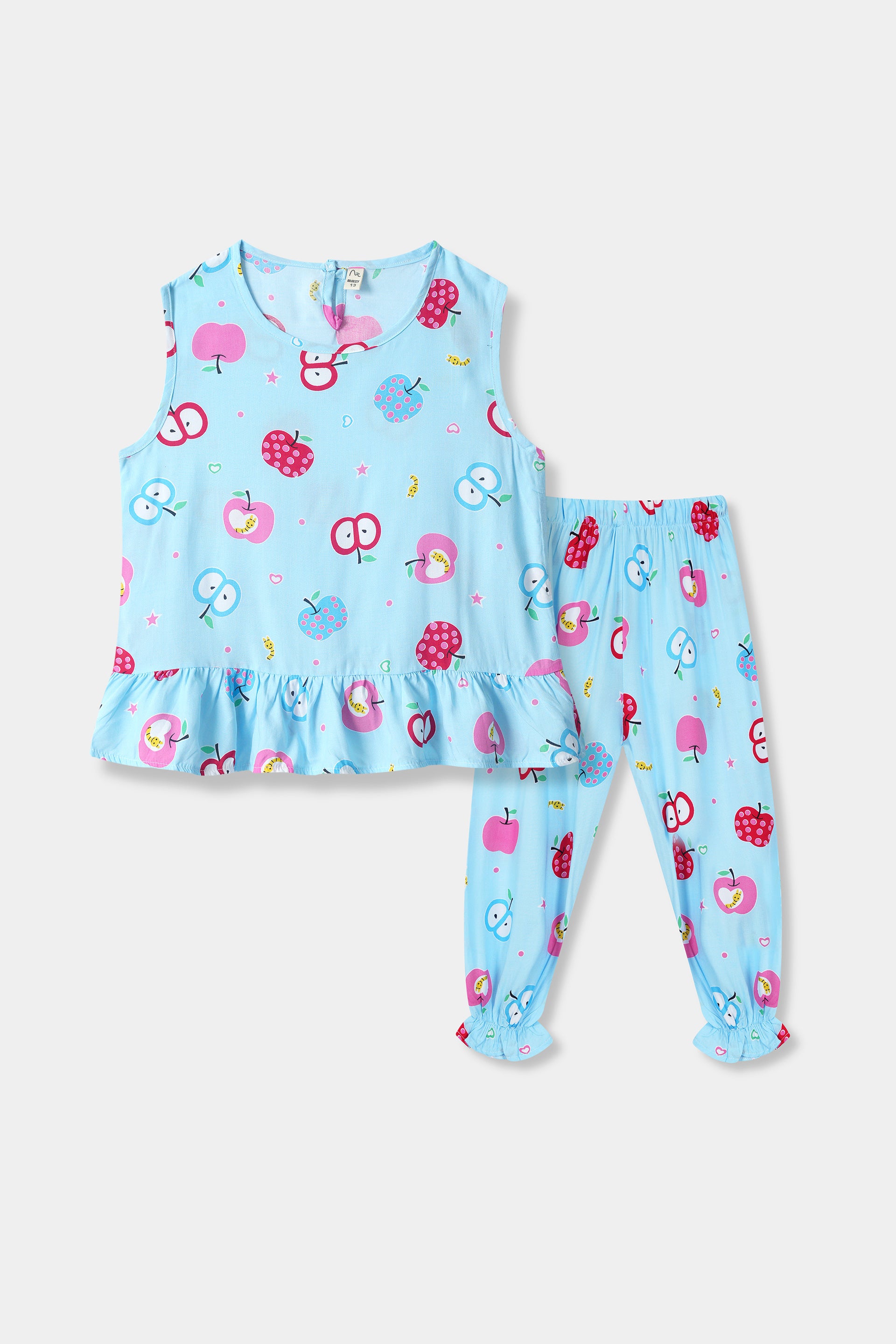 Girls 100% Imported Linen Cotton Frill Sleeves Strawberry Printed Suit