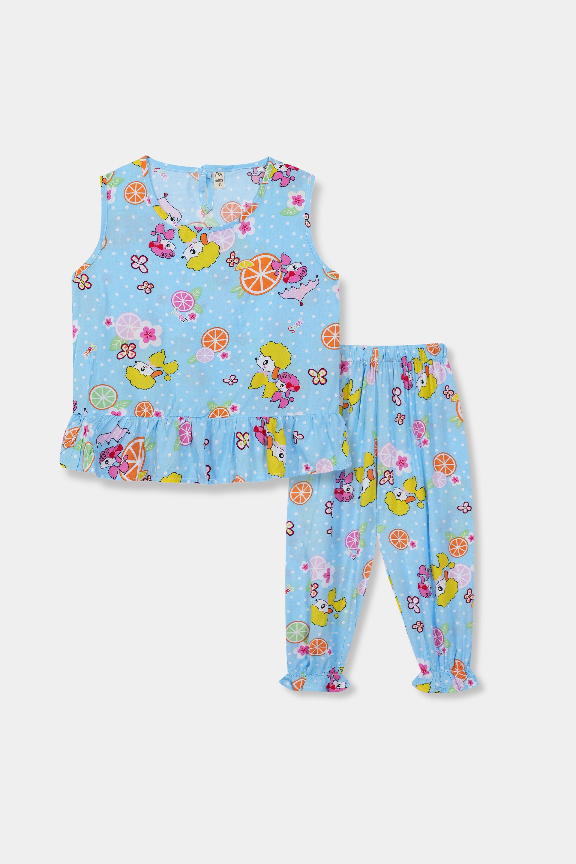 Girls 100% Imported Linen Cotton Frill Sleeves Printed Suit