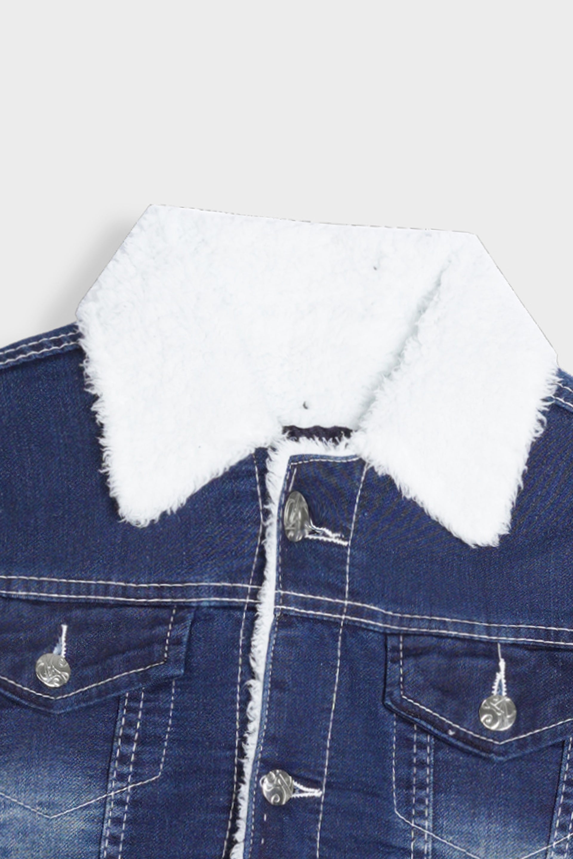 Imported Kids Denim Dark Blue Jacket With Neck Fur