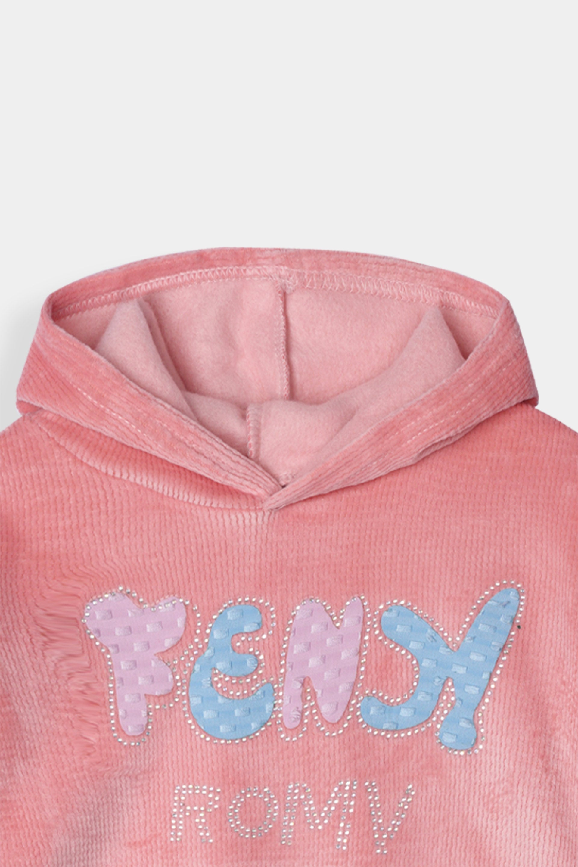 Imported Girls Pull Over Kotrai Velvet Printed Hoodie Suit