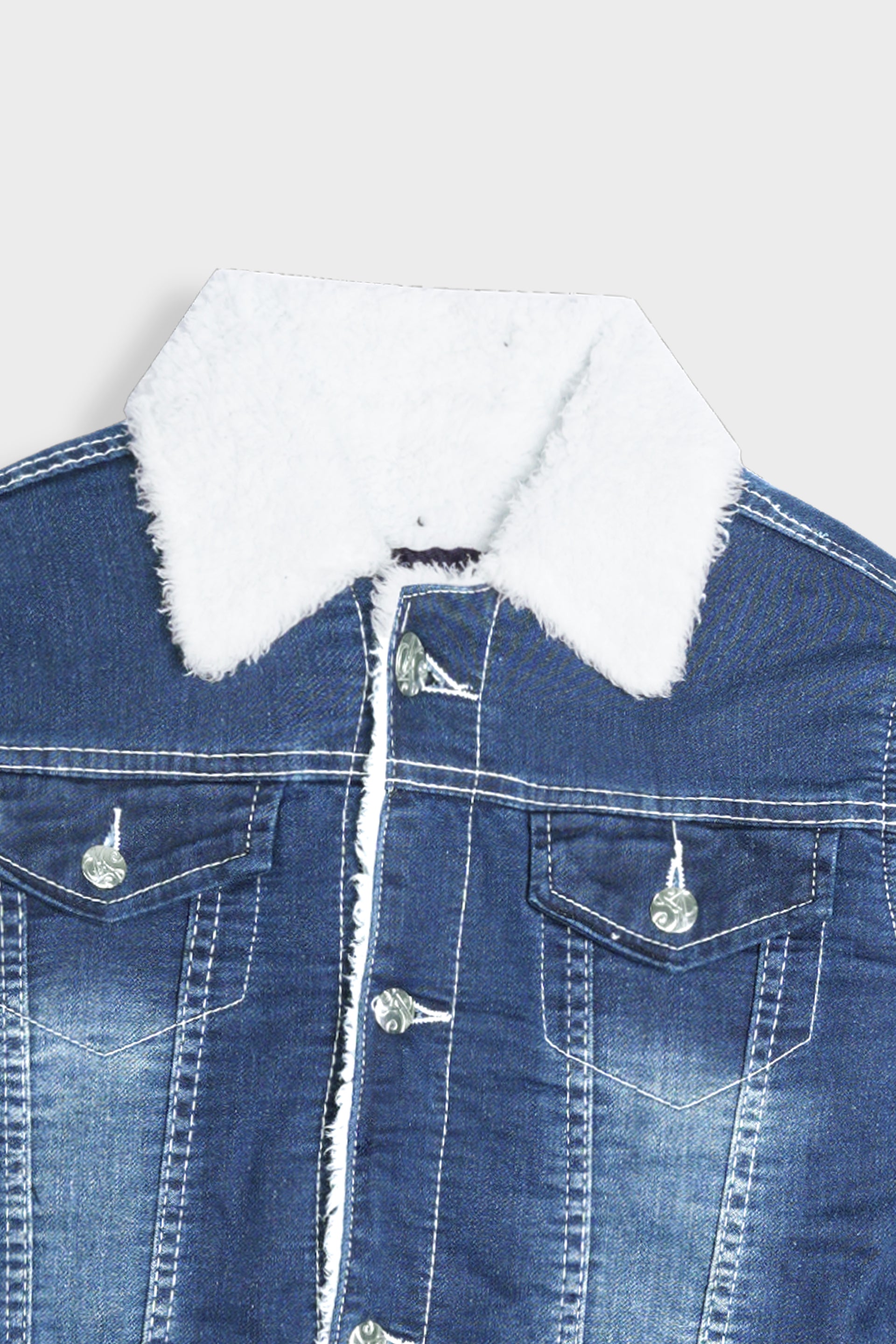 Imported Kids Denim Blue Jacket With Neck Fur