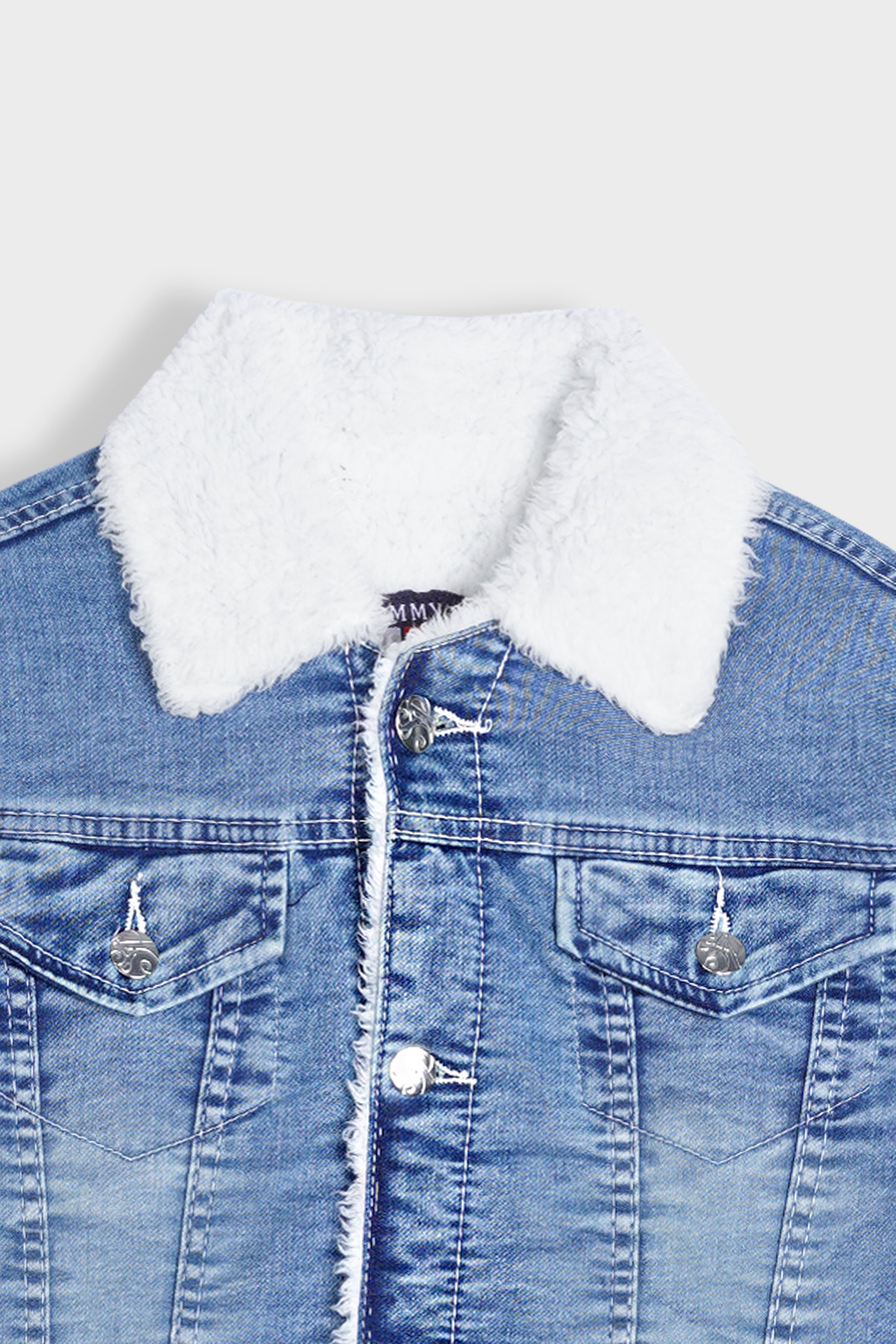 Imported Kids Denim Sky Blue Jacket With Neck Fur