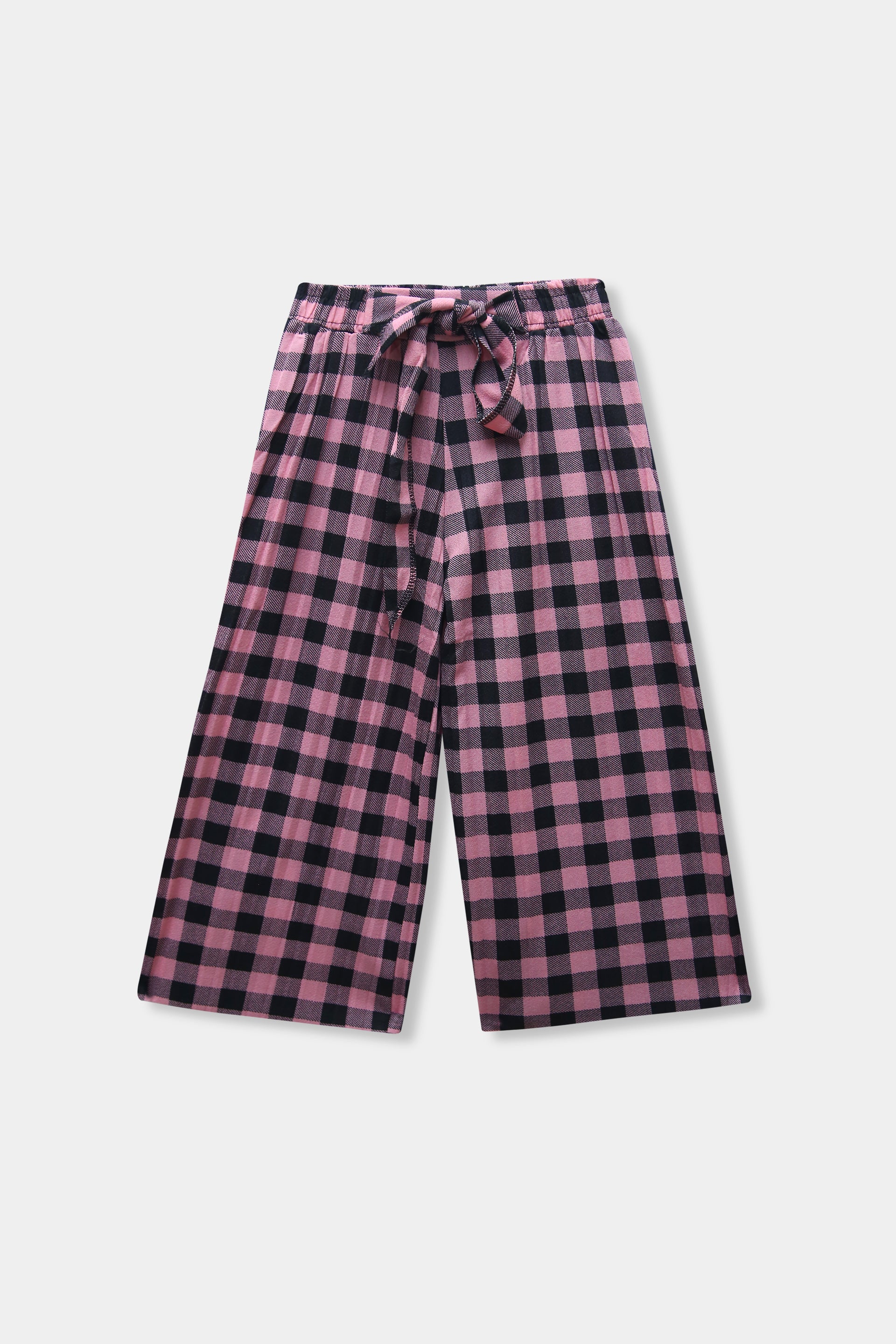 Girls Imported Linen Cotton Pink and Black Check Bell Bottom Plazo Trouser