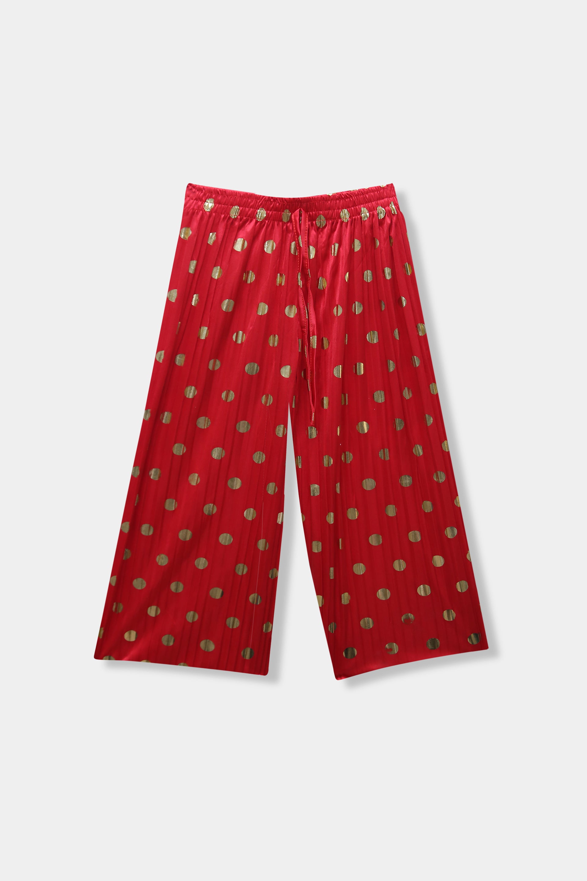 Girls Imported Linen Cotton Red And Golden Dots Bell Bottom Plazo Trouser