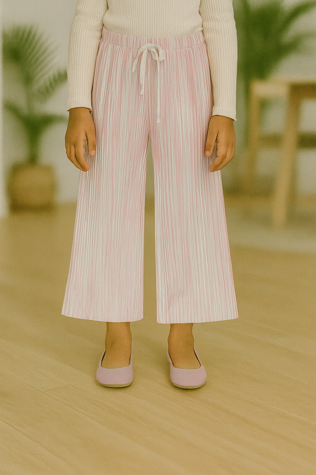 Girls Imported Pleated Pink And White Trousers(size 5 years to 12years)