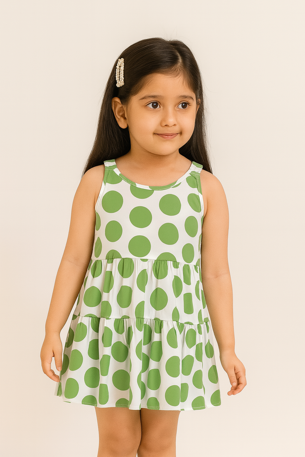 Girls 100% Imported Soft Cotton White And Green Dots Frocks