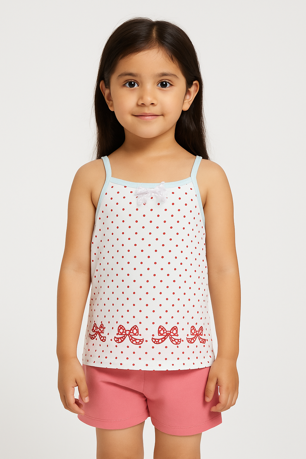 Girls Imported Soft Cotton All Over Printed White And Red Dots Top