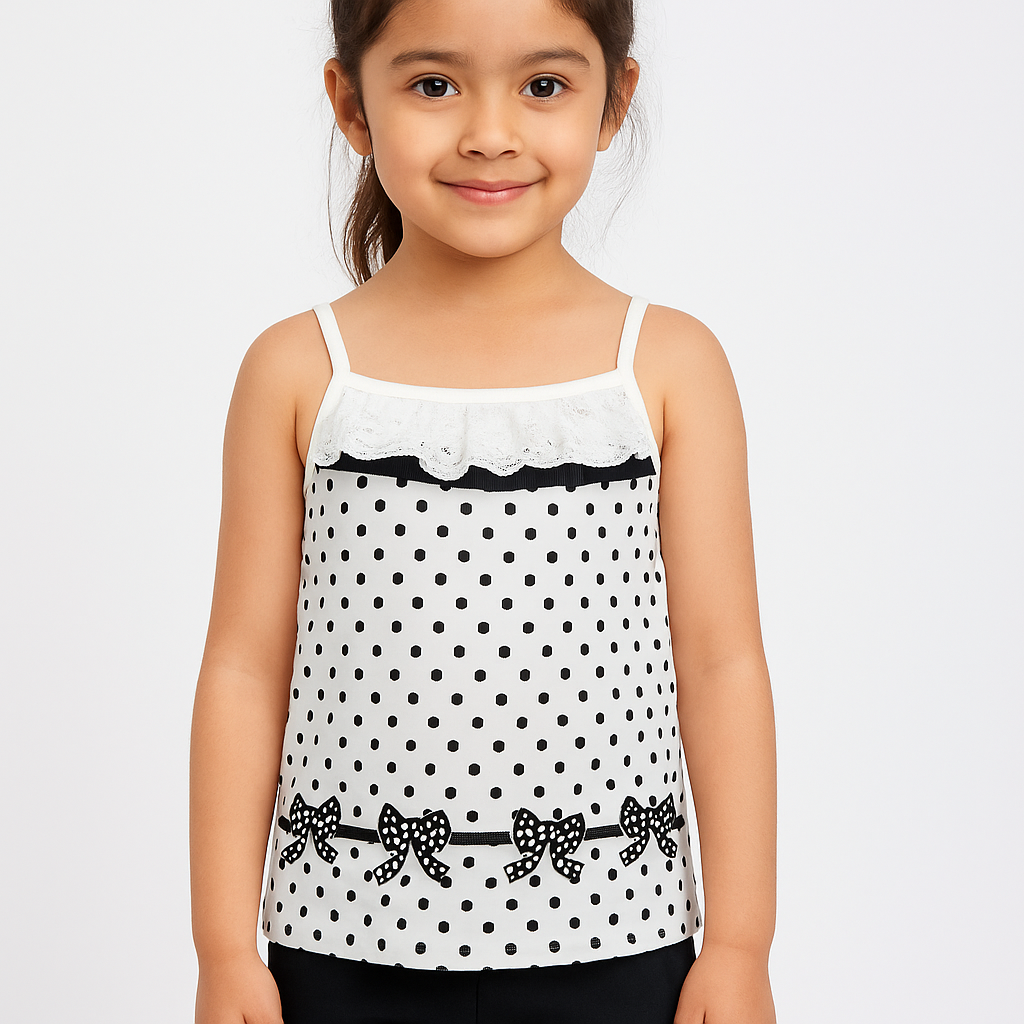 Girls Imported Soft Cotton All Over Printed White And Black Dots Top