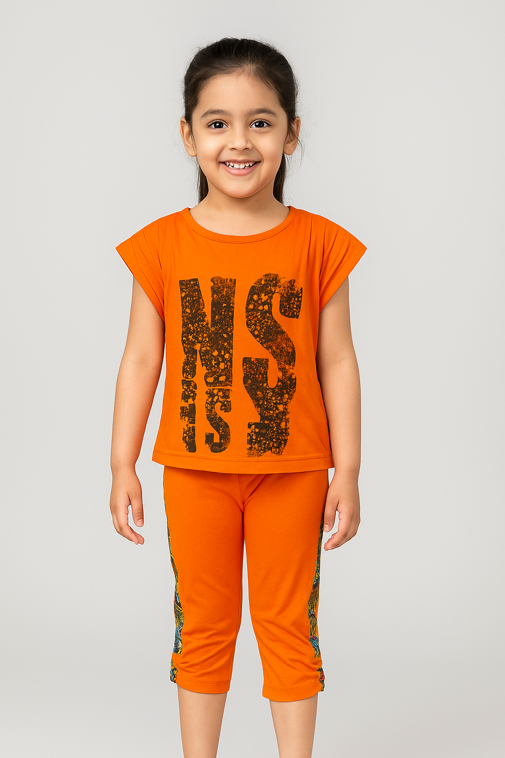 Girls Imported Soft Cotton " Graphic Printed " Orange Suit