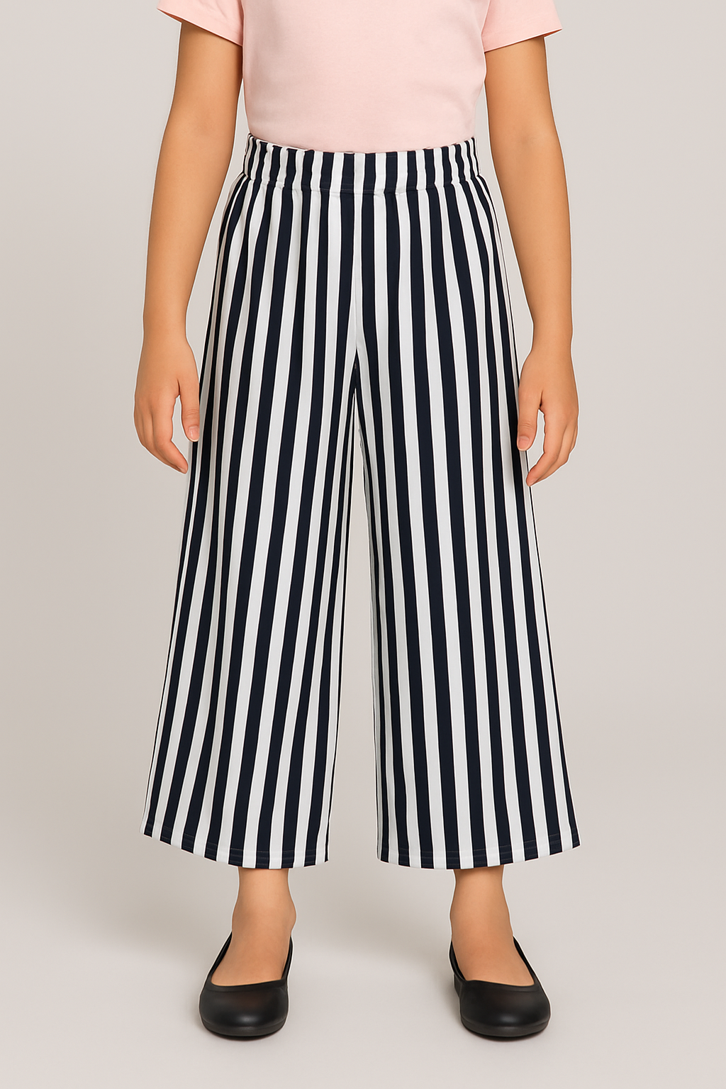 Girls Imported Linen Cotton Black And White Stripe Bell Bottom Plazo Trouser