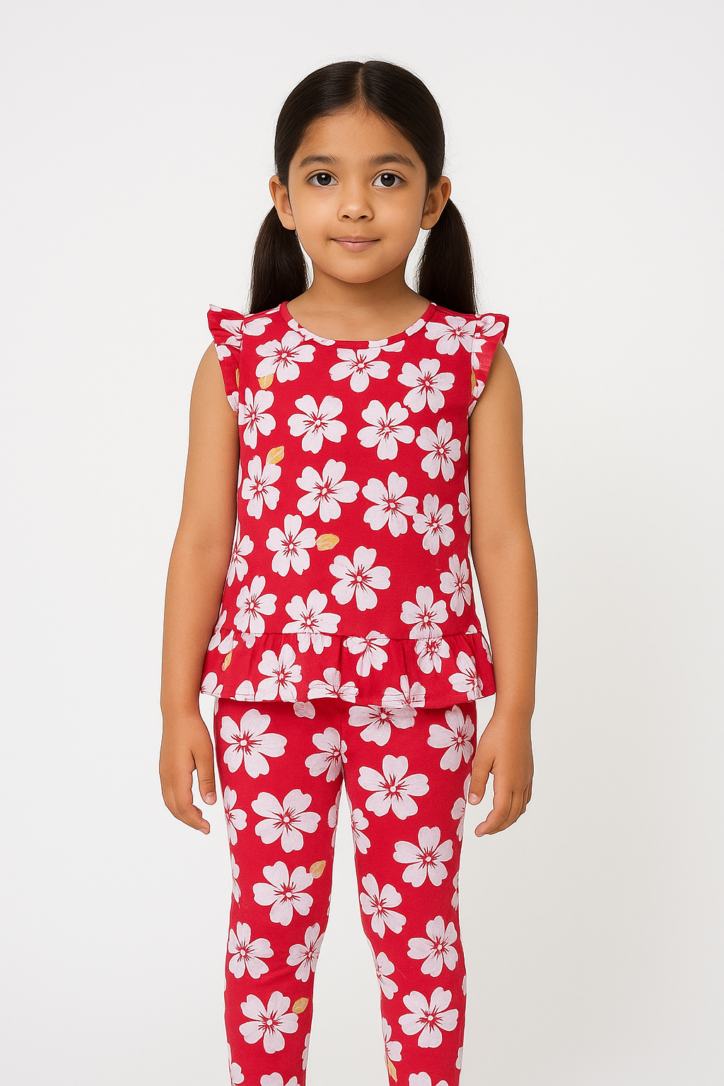 Girls 100% Imported Linen Cotton Frill Sleeves Printed Suit