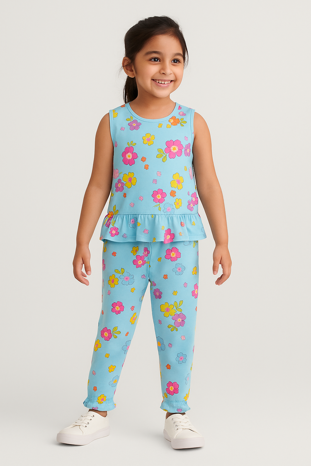 Girls 100% Imported Linen Cotton Frill Sleeves Printed Suit