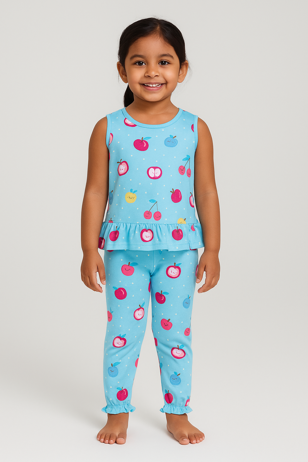 Girls 100% Imported Linen Cotton Frill Sleeves Strawberry Printed Suit