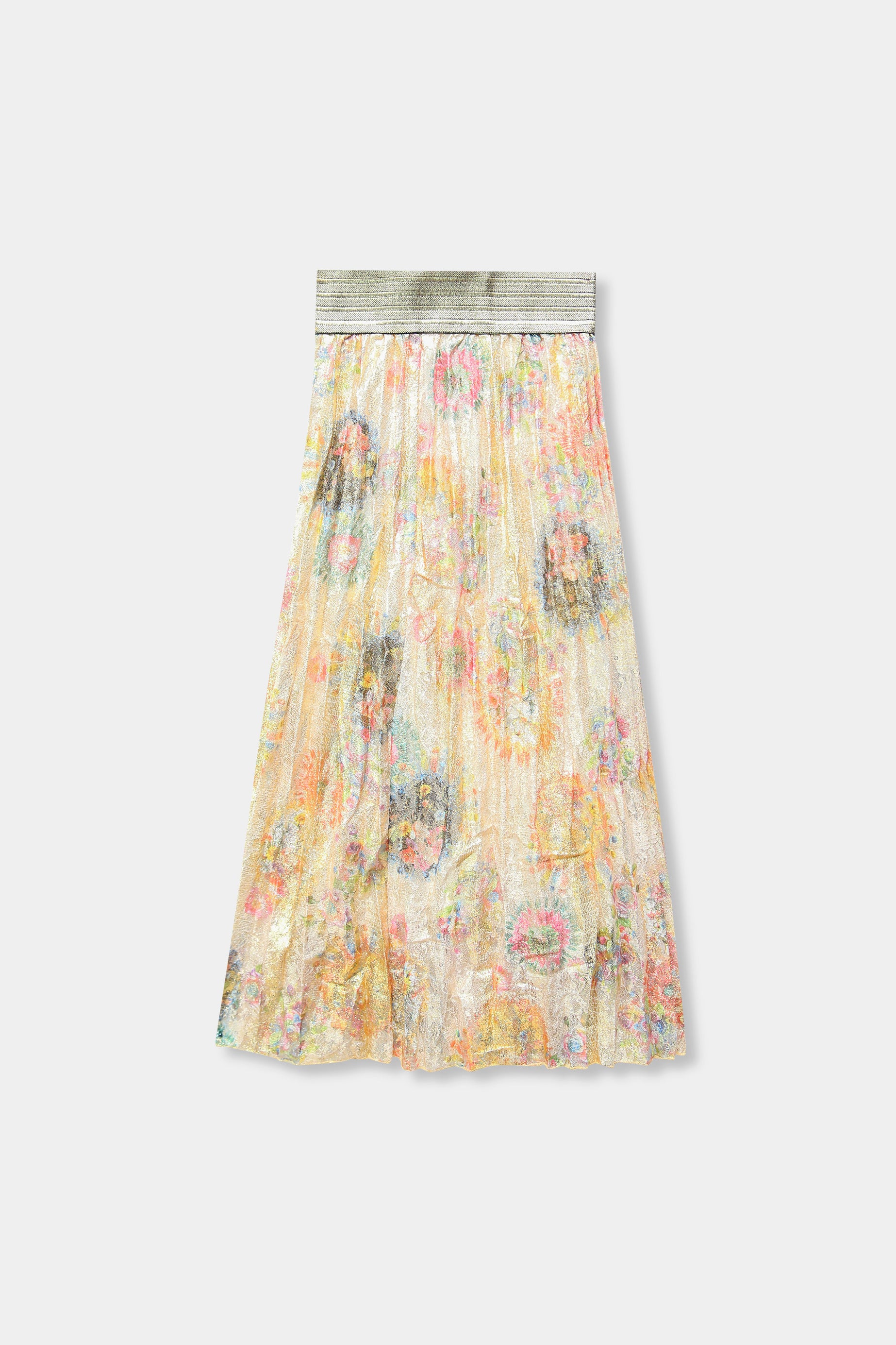 Girls Imported Bell Bottom Flora Printed Raw Silk Skirt