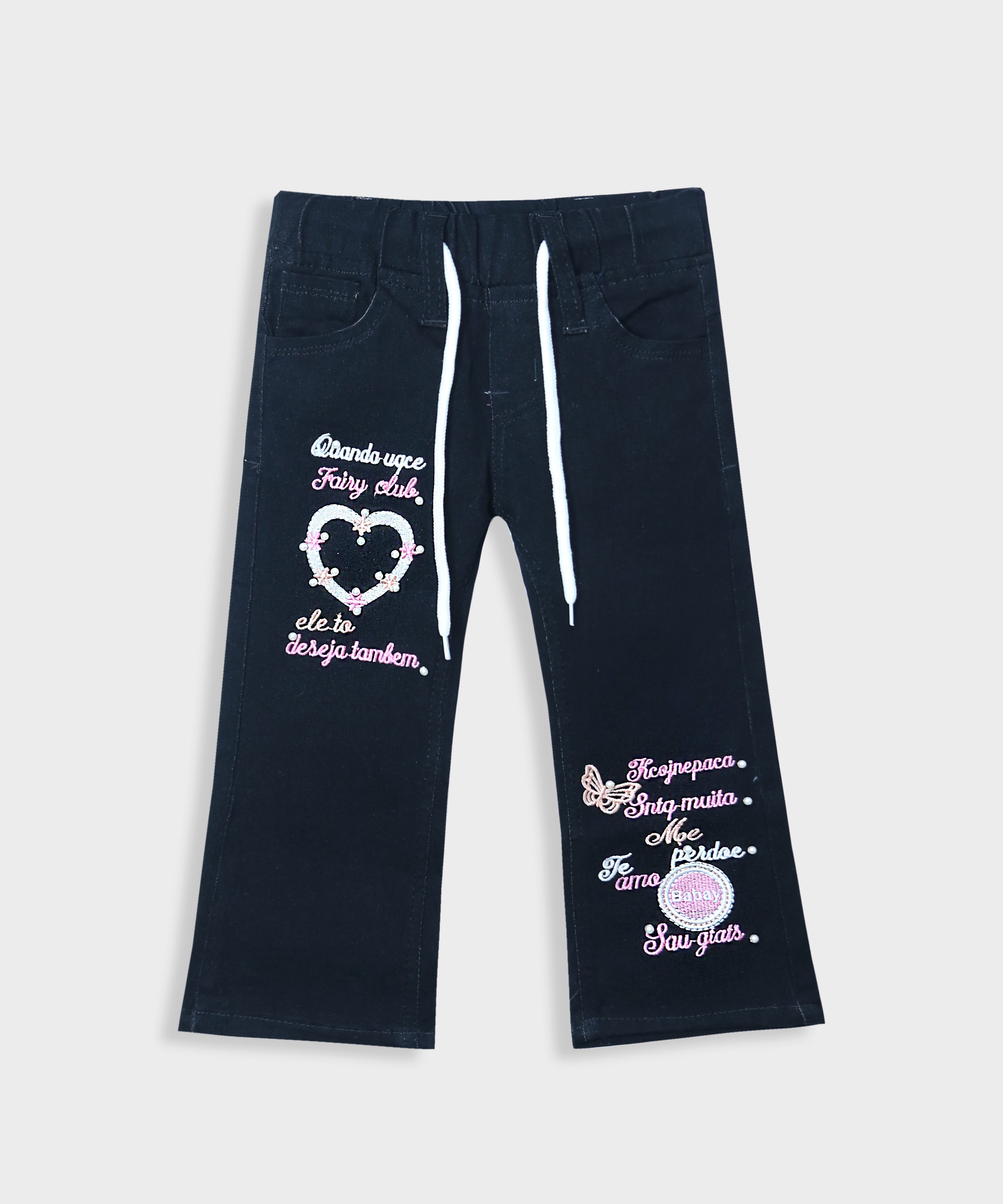 Imported Girls Embroidered Stretch Black Flared Jeans