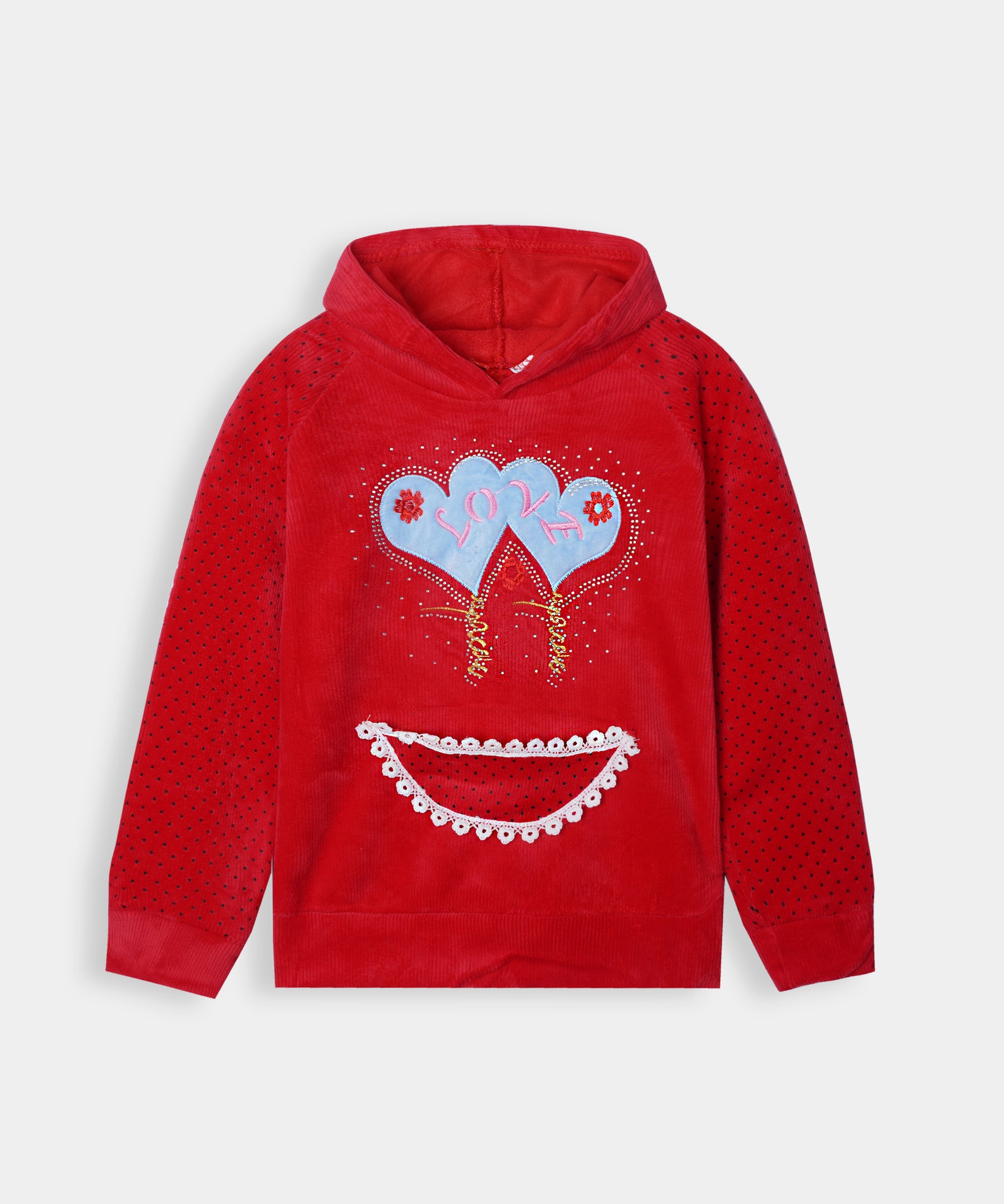Imported Girls Pull Over Kotrai Velvet Printed Hoodie