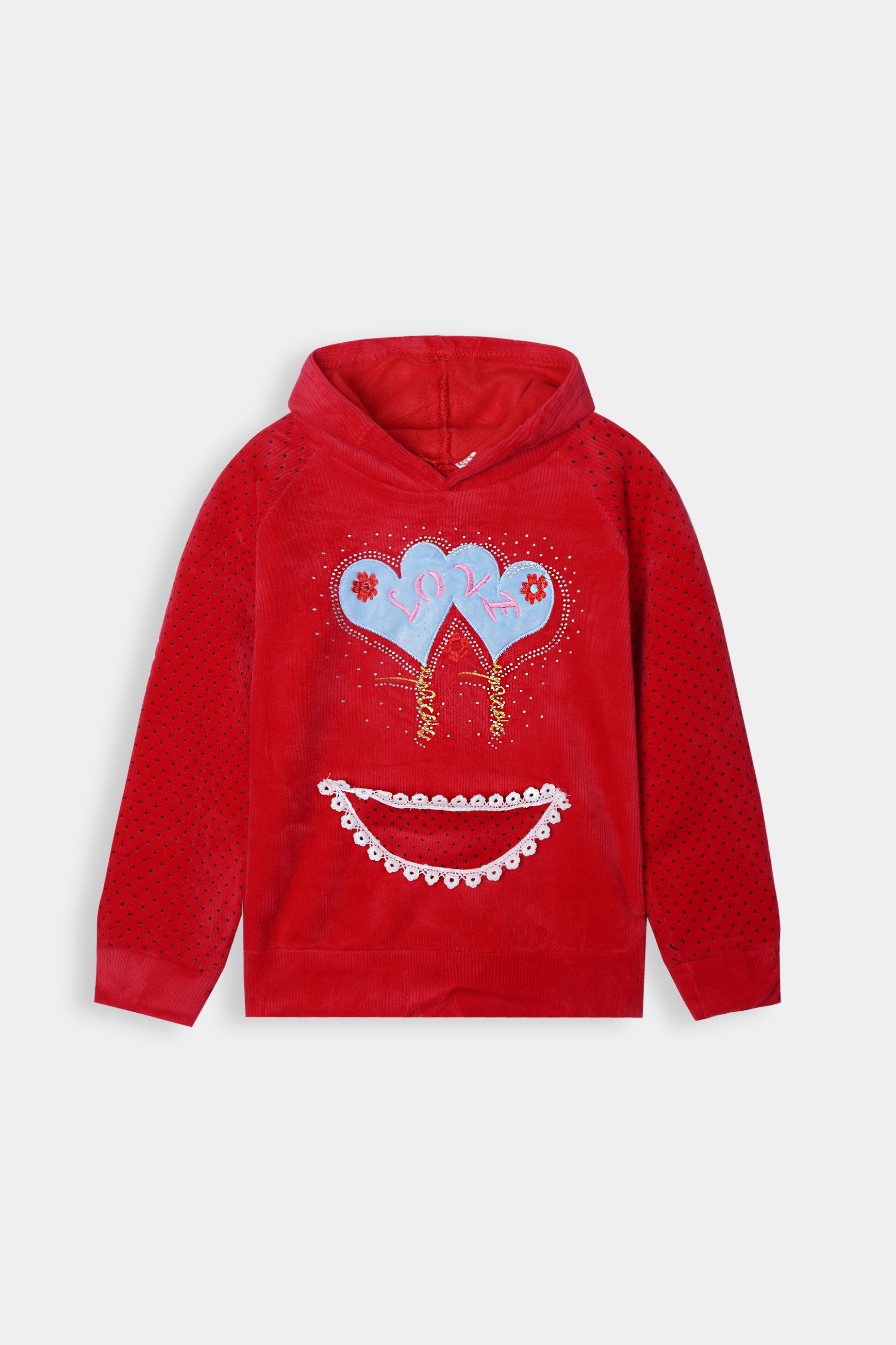 Imported Girls Pull Over Kotrai Velvet Printed Hoodie