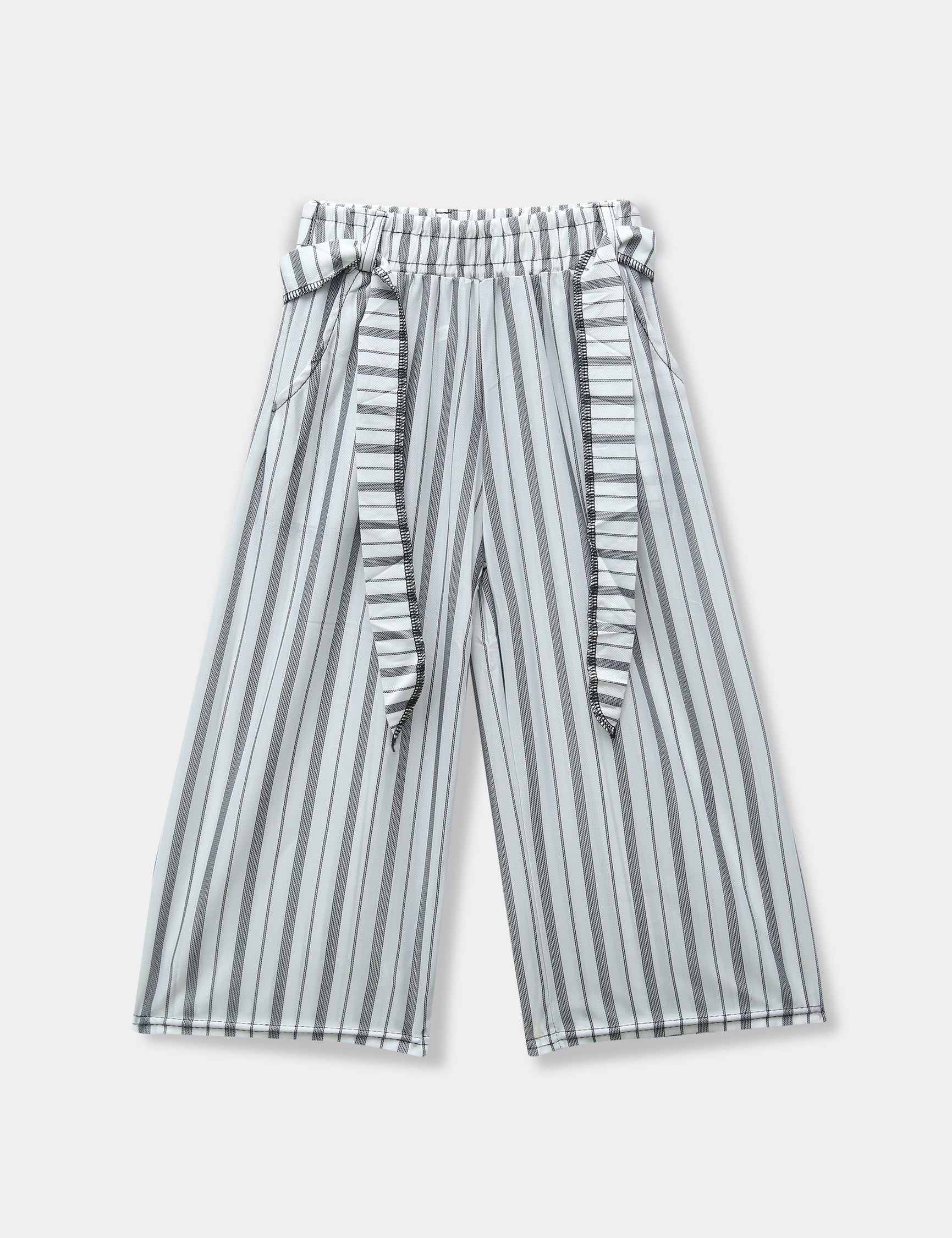 Girls Imported Linen Cotton Bell Bottom White And Black Plazo Trouser