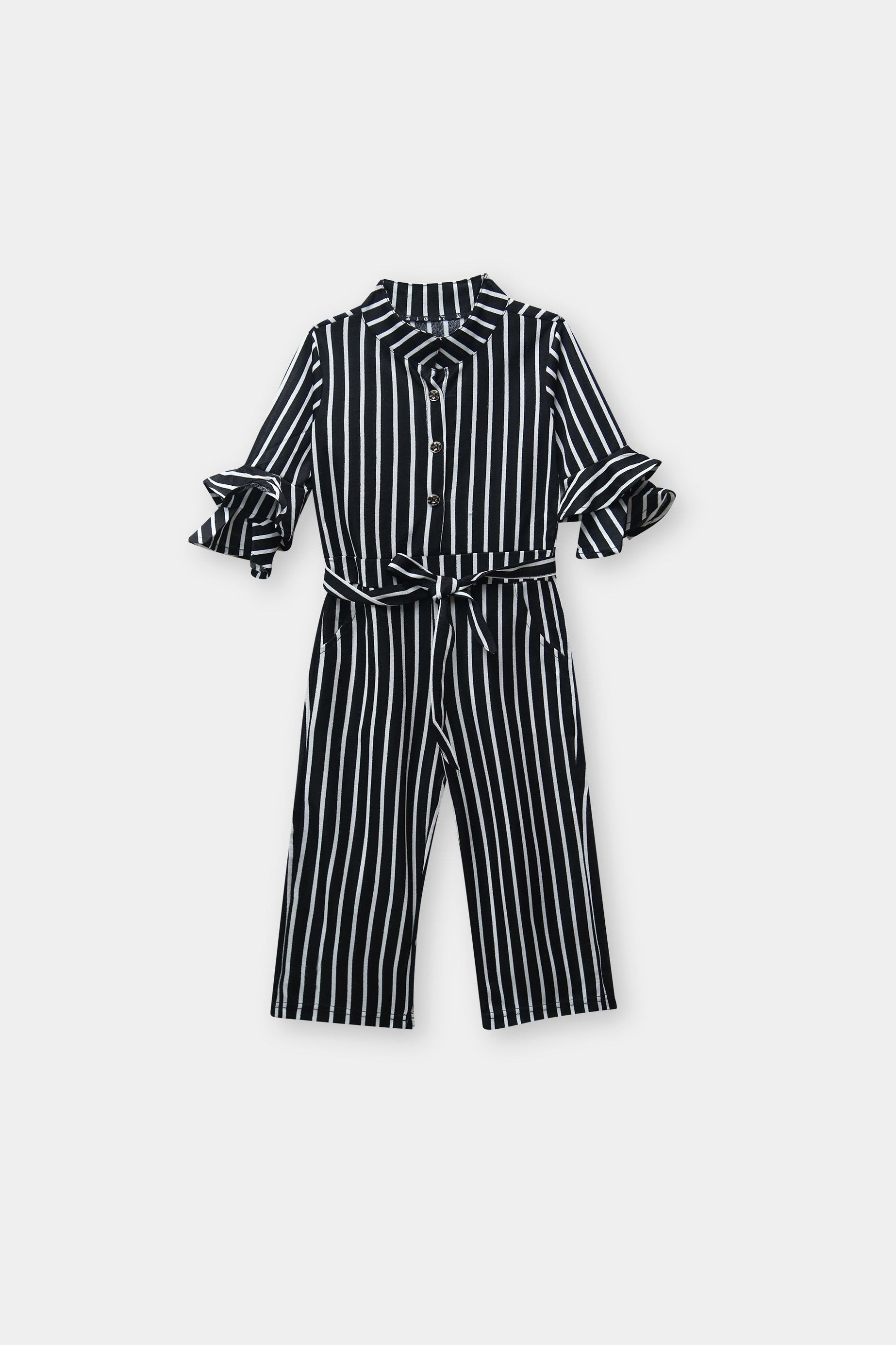 Girls Imported Black And White Stripe Full Sleeves Jumpsuit