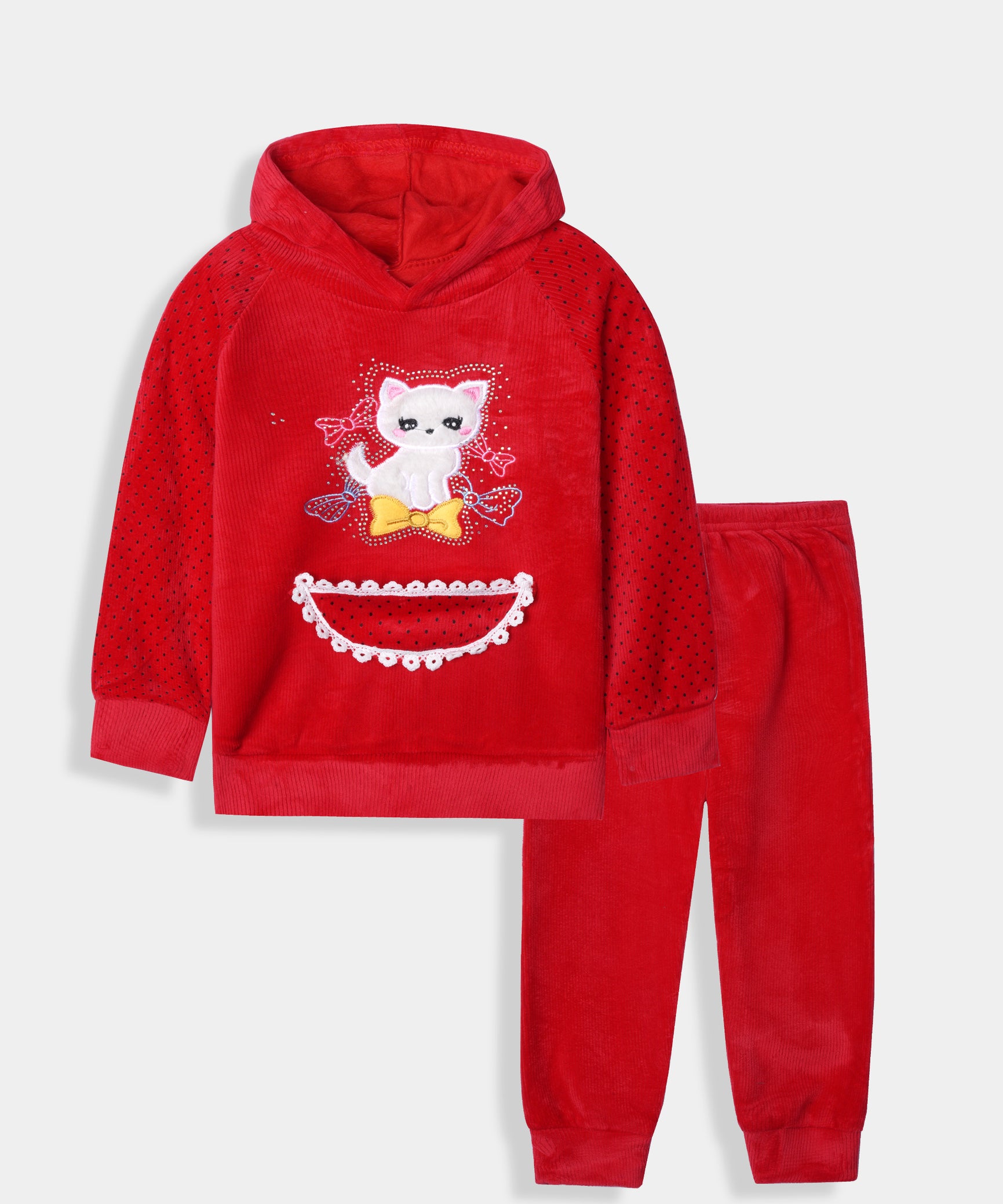 Imported Girls Pull Over Kotrai Velvet Printed Hoodie Suit