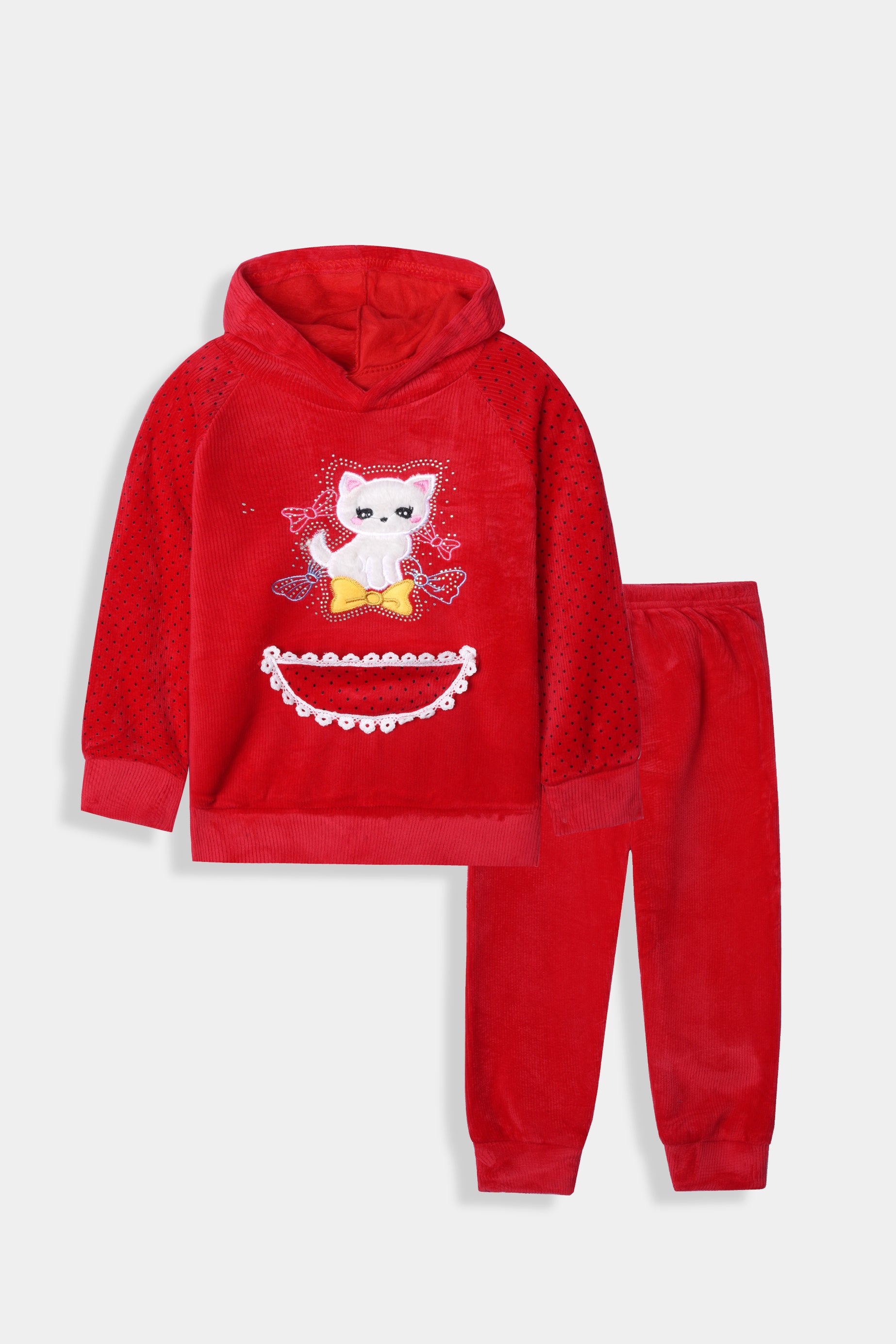 Imported Girls Pull Over Kotrai Velvet Printed Hoodie Suit