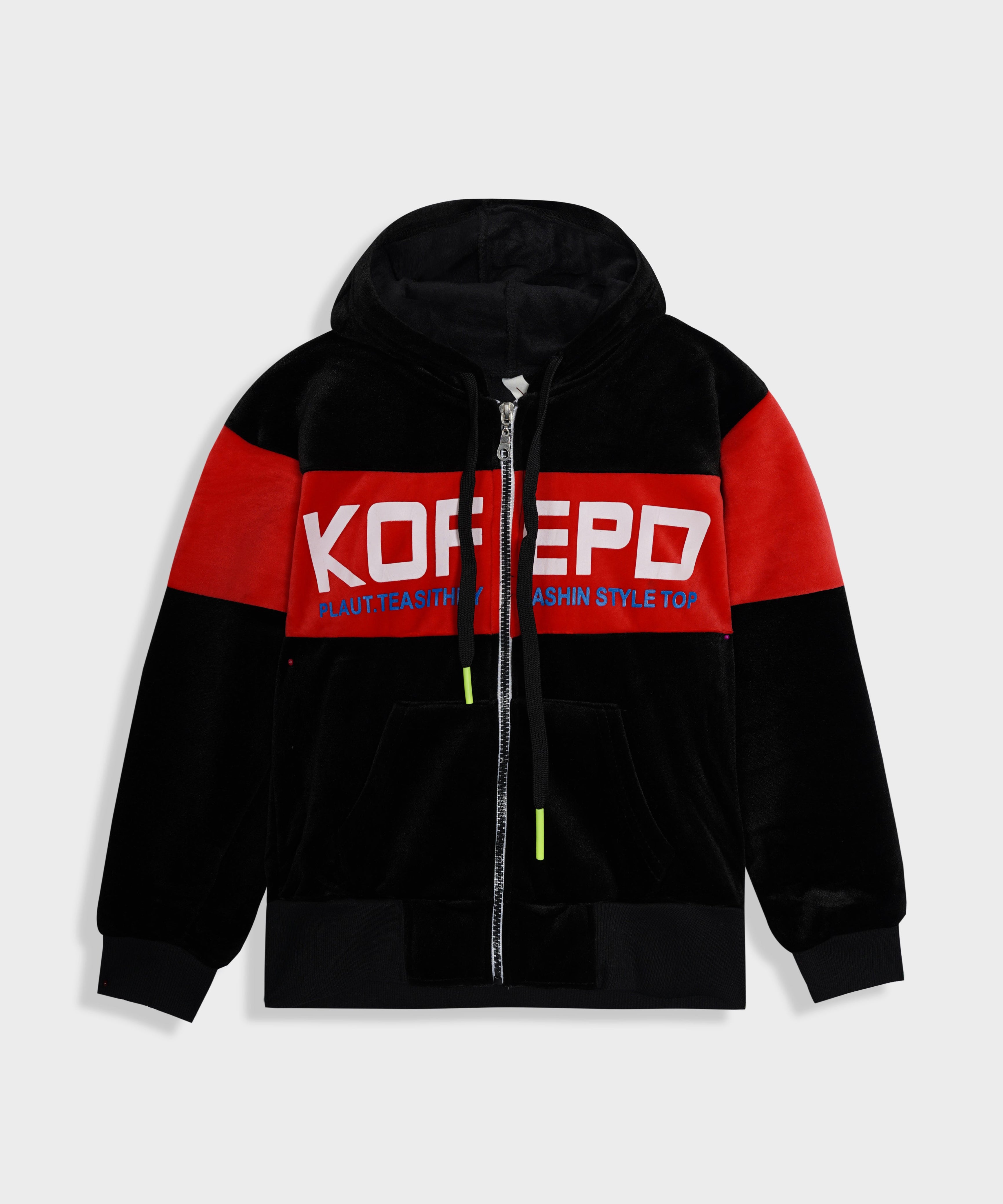 Kids Panel Printed Velvet Black Zipper Hoodie