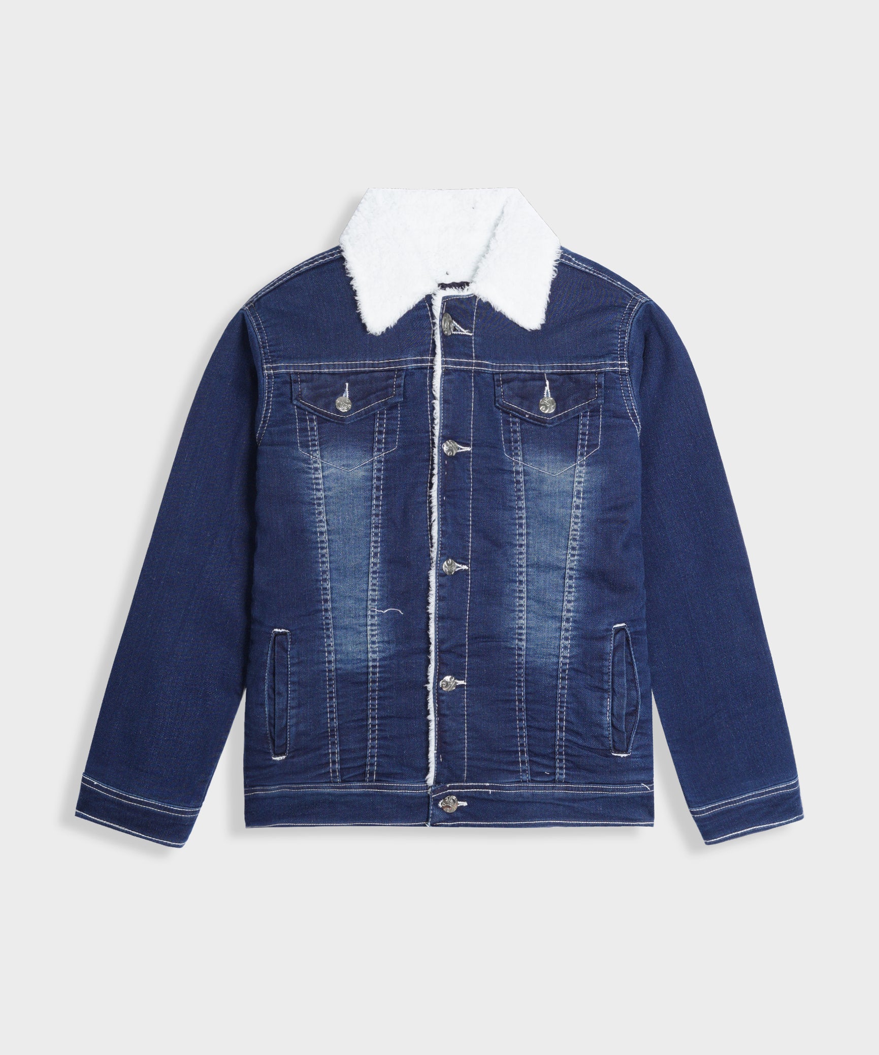 Imported Kids Denim Dark Blue Jacket With Neck Fur