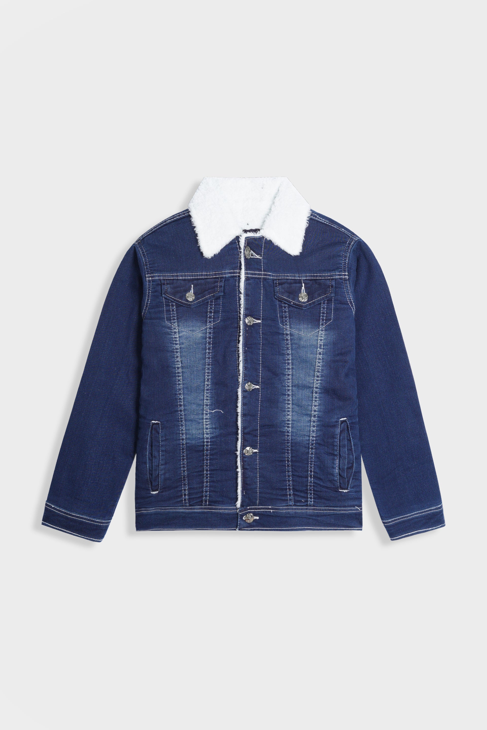 Imported Kids Denim Dark Blue Jacket With Neck Fur