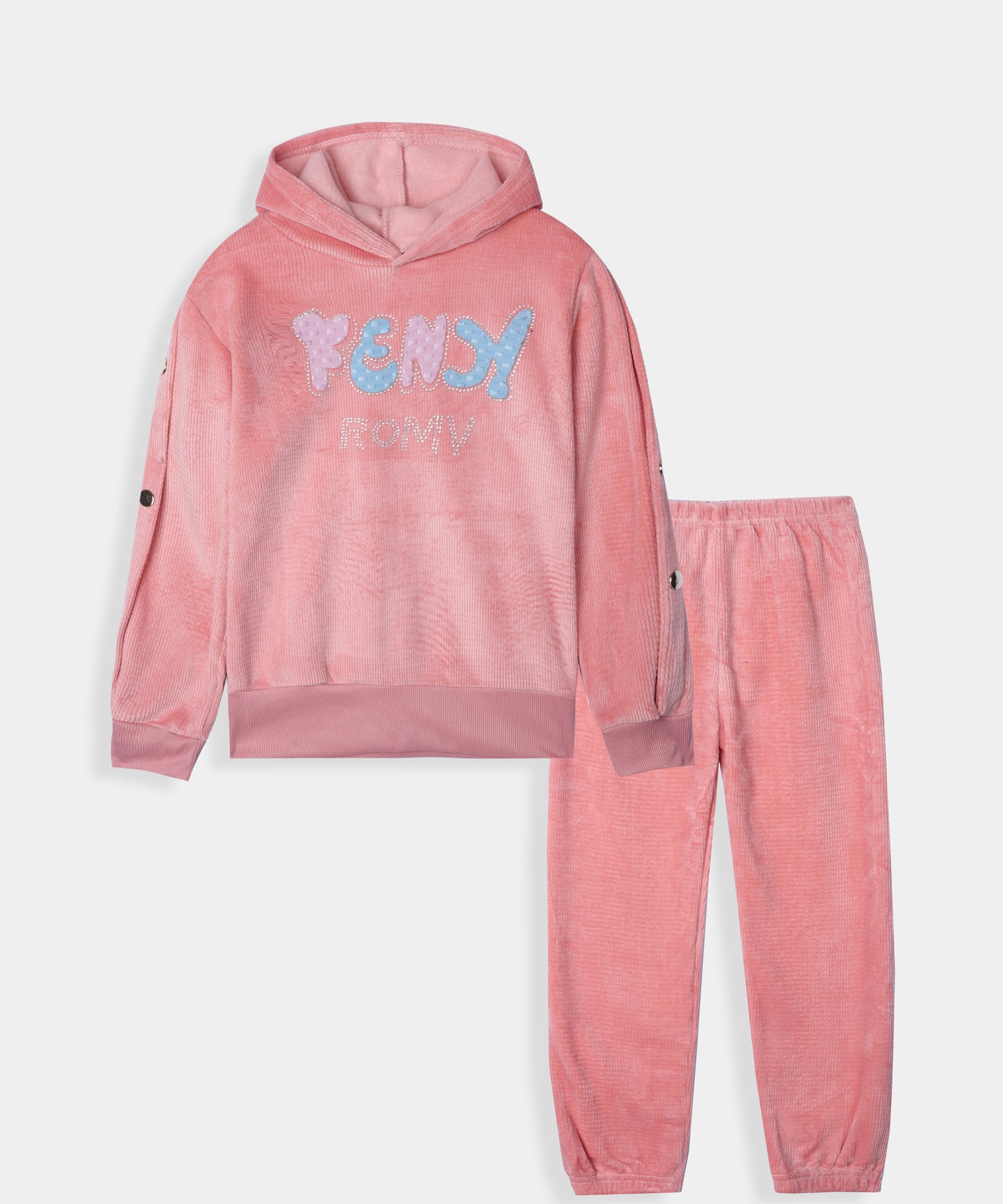 Imported Girls Pull Over Kotrai Velvet Printed Hoodie Suit
