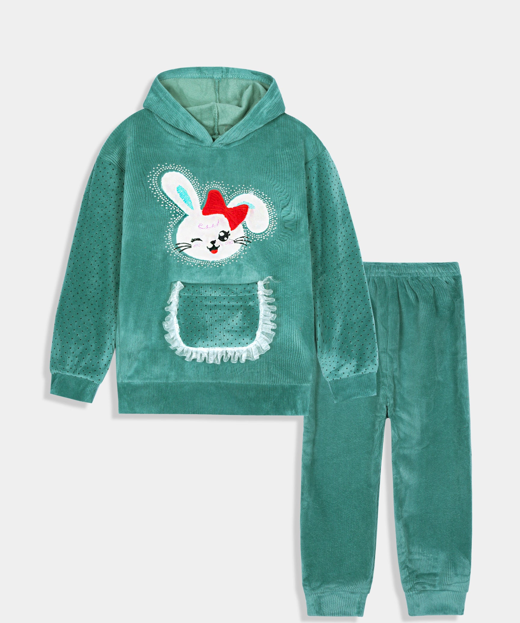 Imported Girls Pull Over Kotrai Velvet Printed Hoodie Suit
