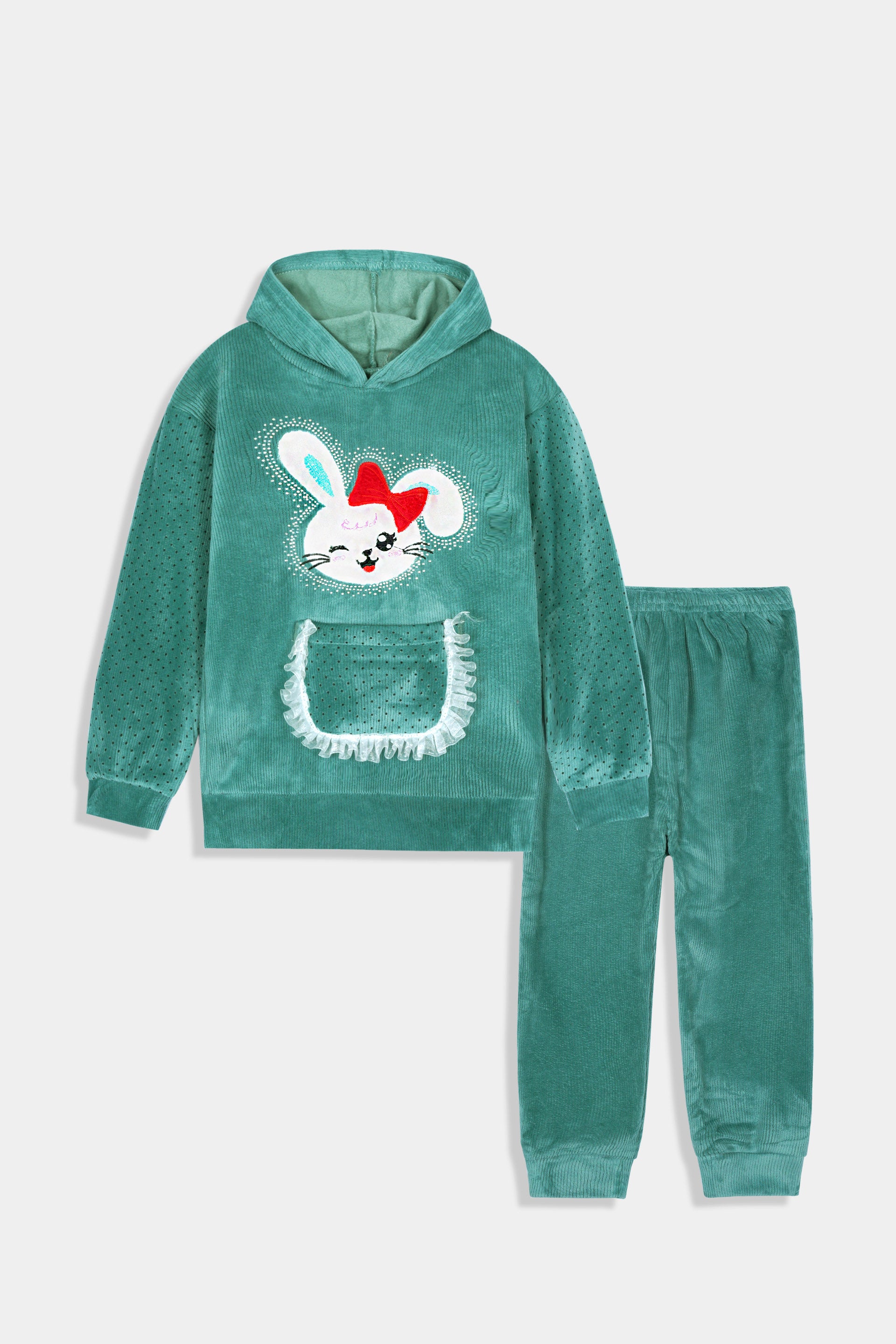 Imported Girls Pull Over Kotrai Velvet Printed Hoodie Suit