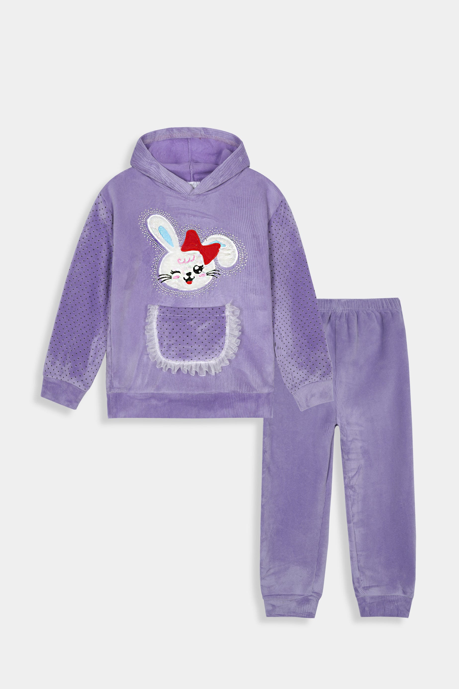 Imported Girls Pull Over Kotrai Velvet Printed Hoodie Suit