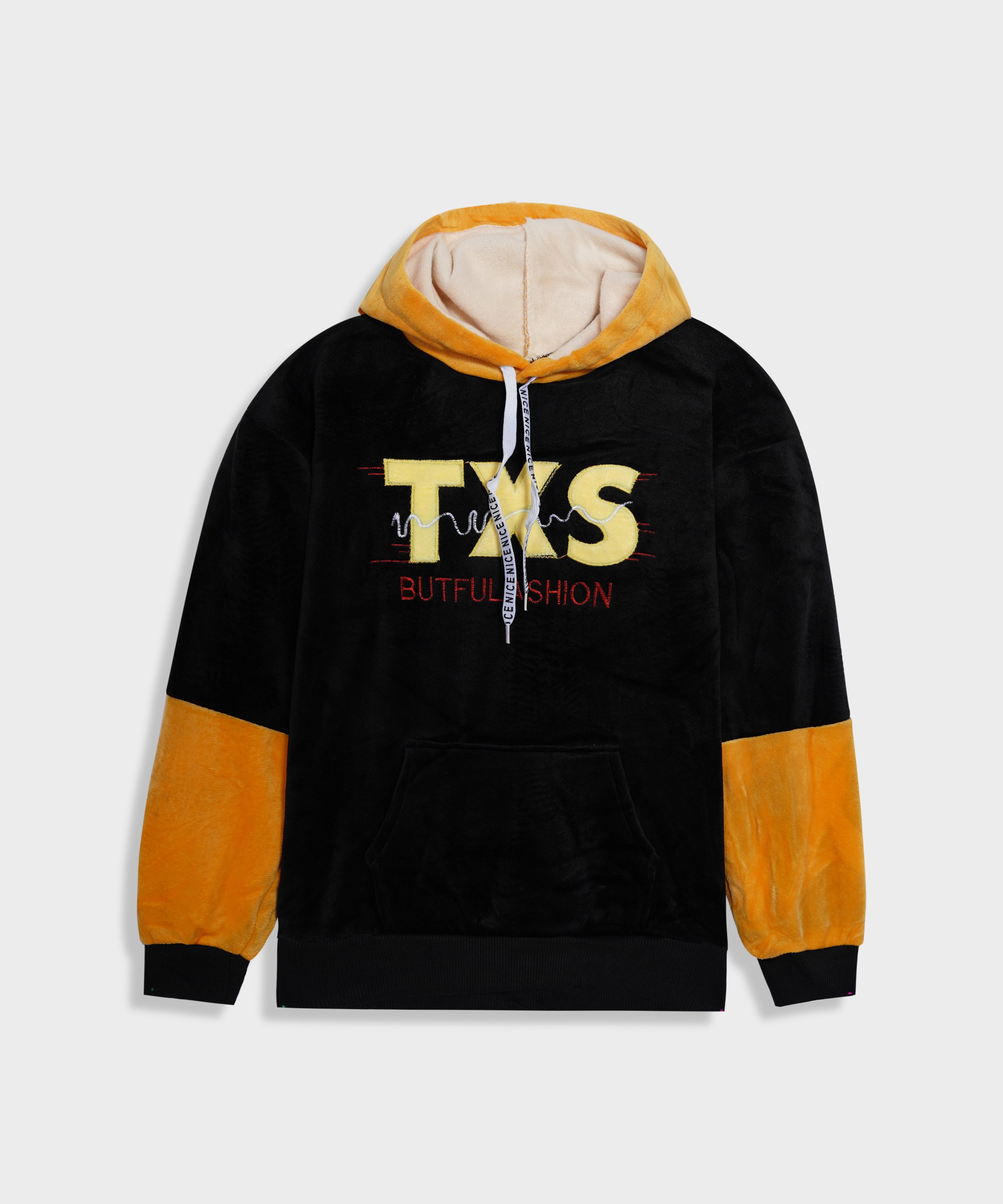 Kids Panel Sleeve Embroidered Velvet Black Pull-Over Hoodie