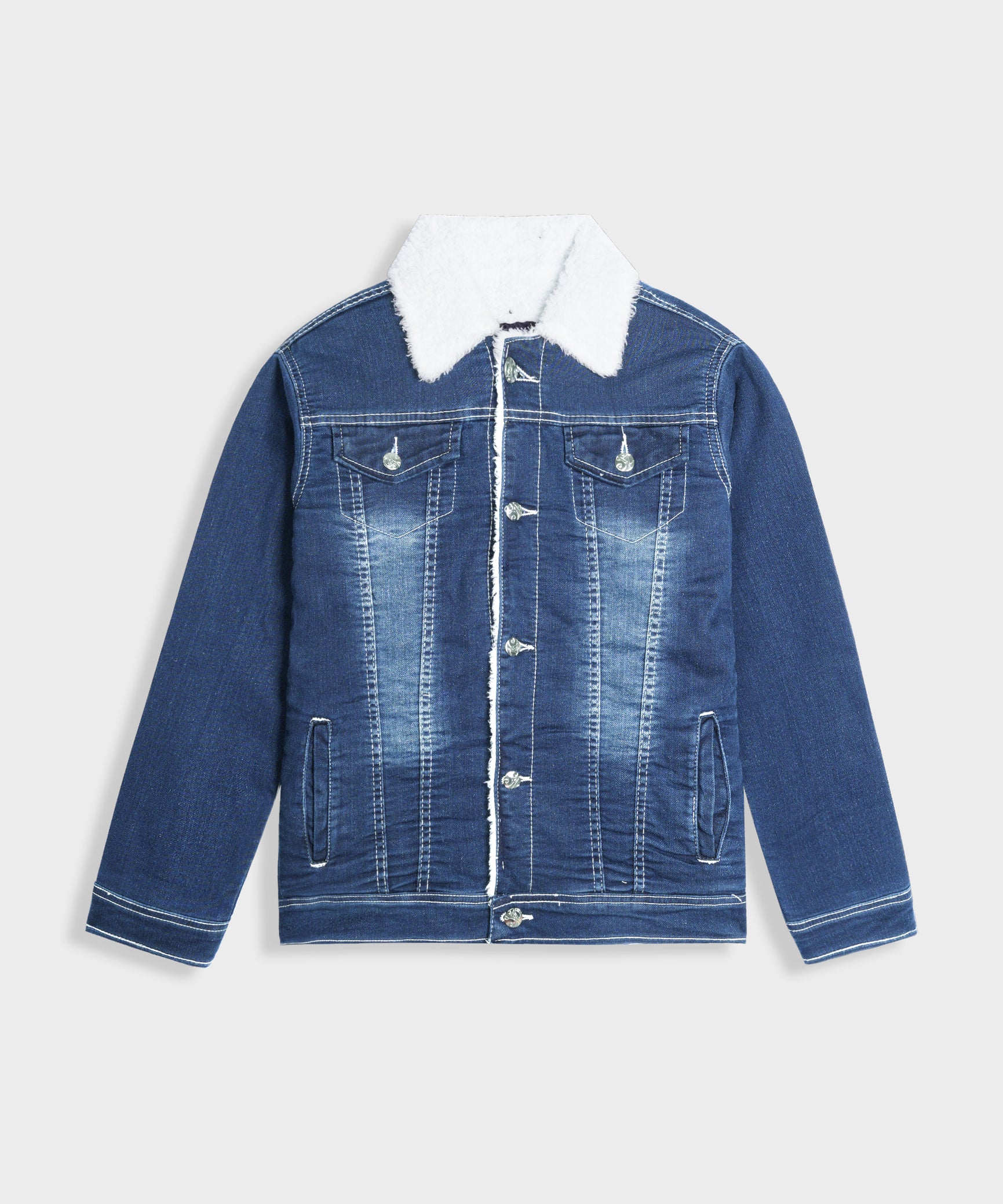 Imported Kids Denim Blue Jacket With Neck Fur