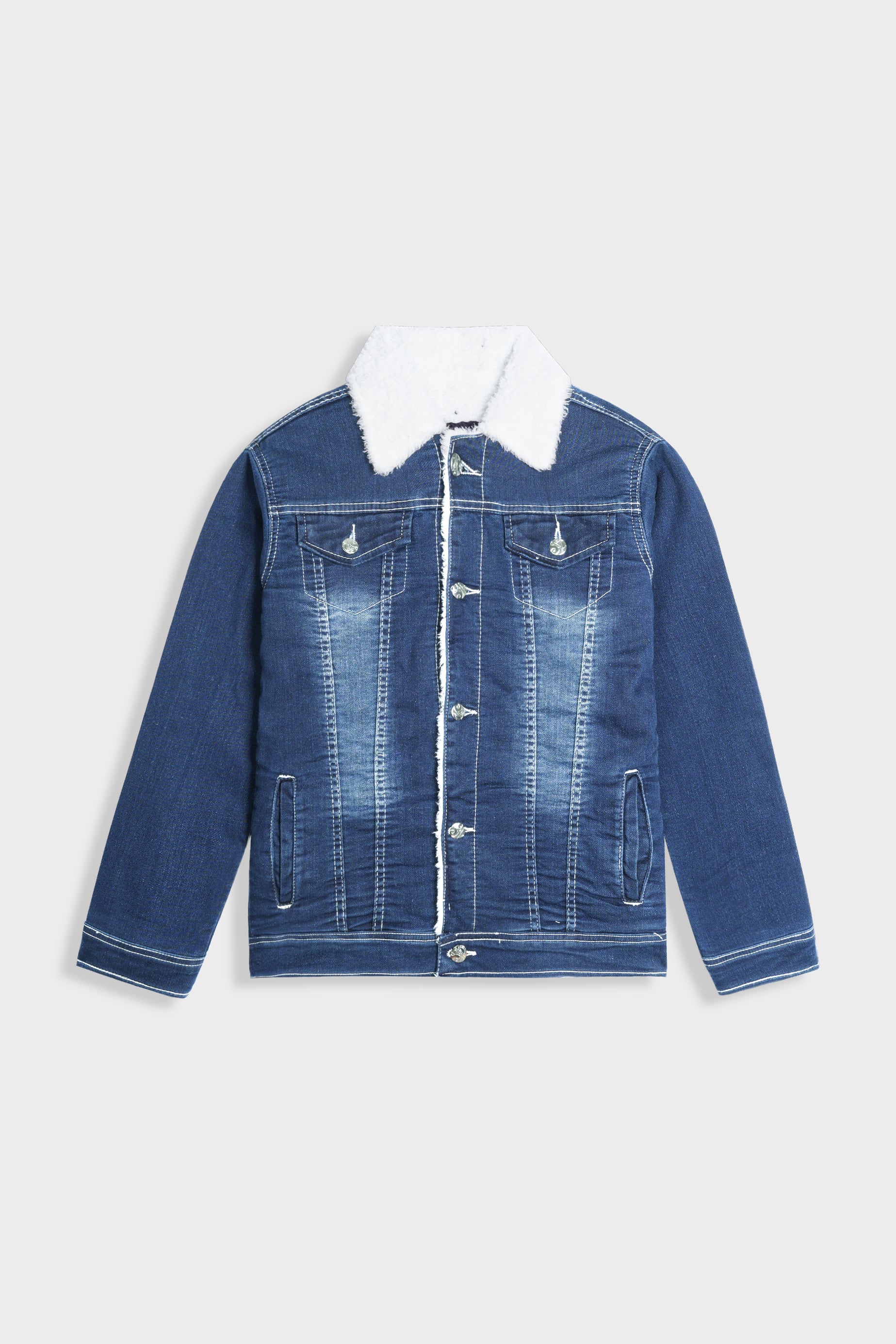 Imported Kids Denim Blue Jacket With Neck Fur