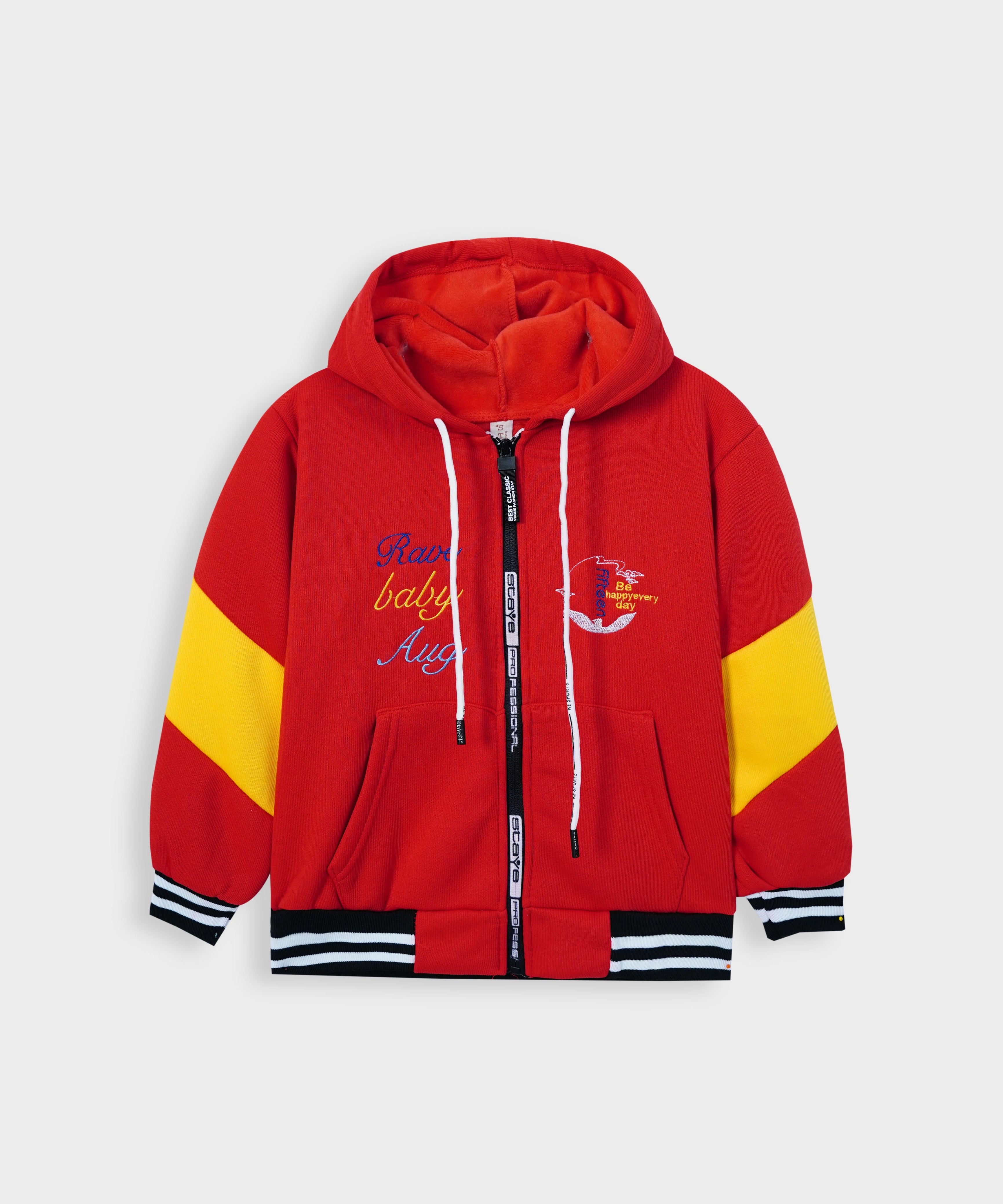 Imported Kids Panel Sleeves Embroidered Fleece Red Zipper Hoodie