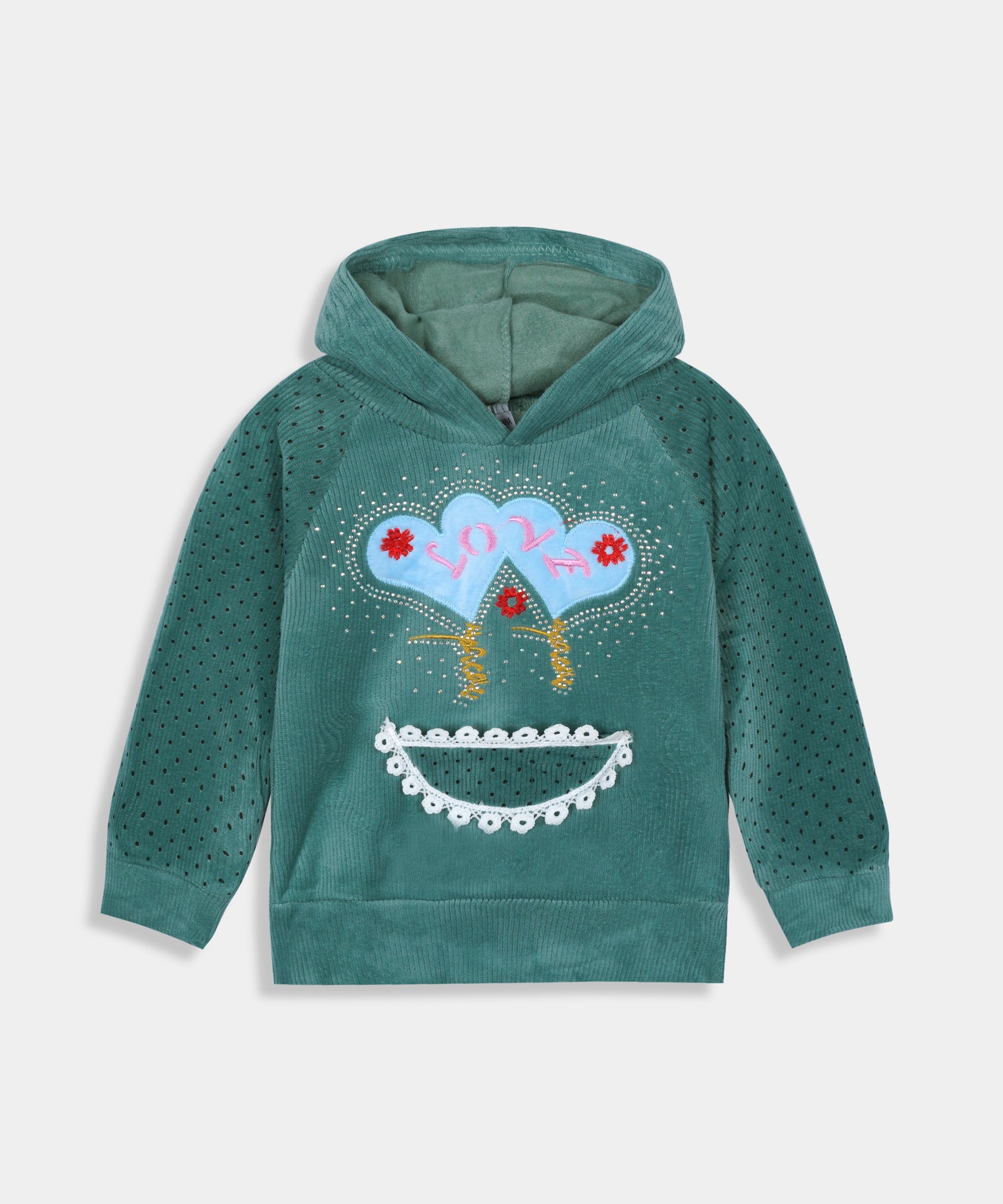 Imported Girls Pull Over Kotrai Velvet Printed Hoodie