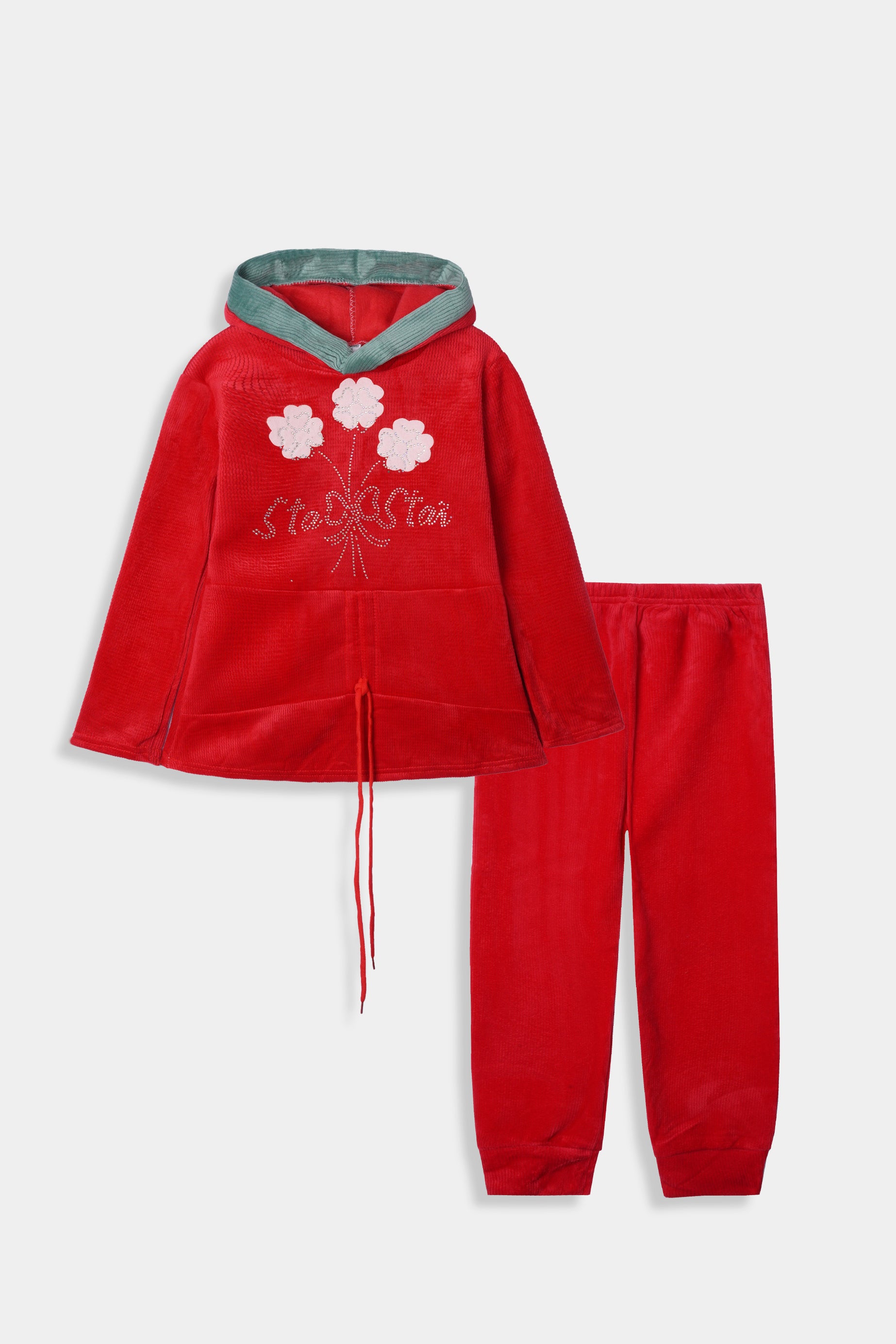 Imported Girls Pull Over Kotrai Velvet Printed Hoodie Suit