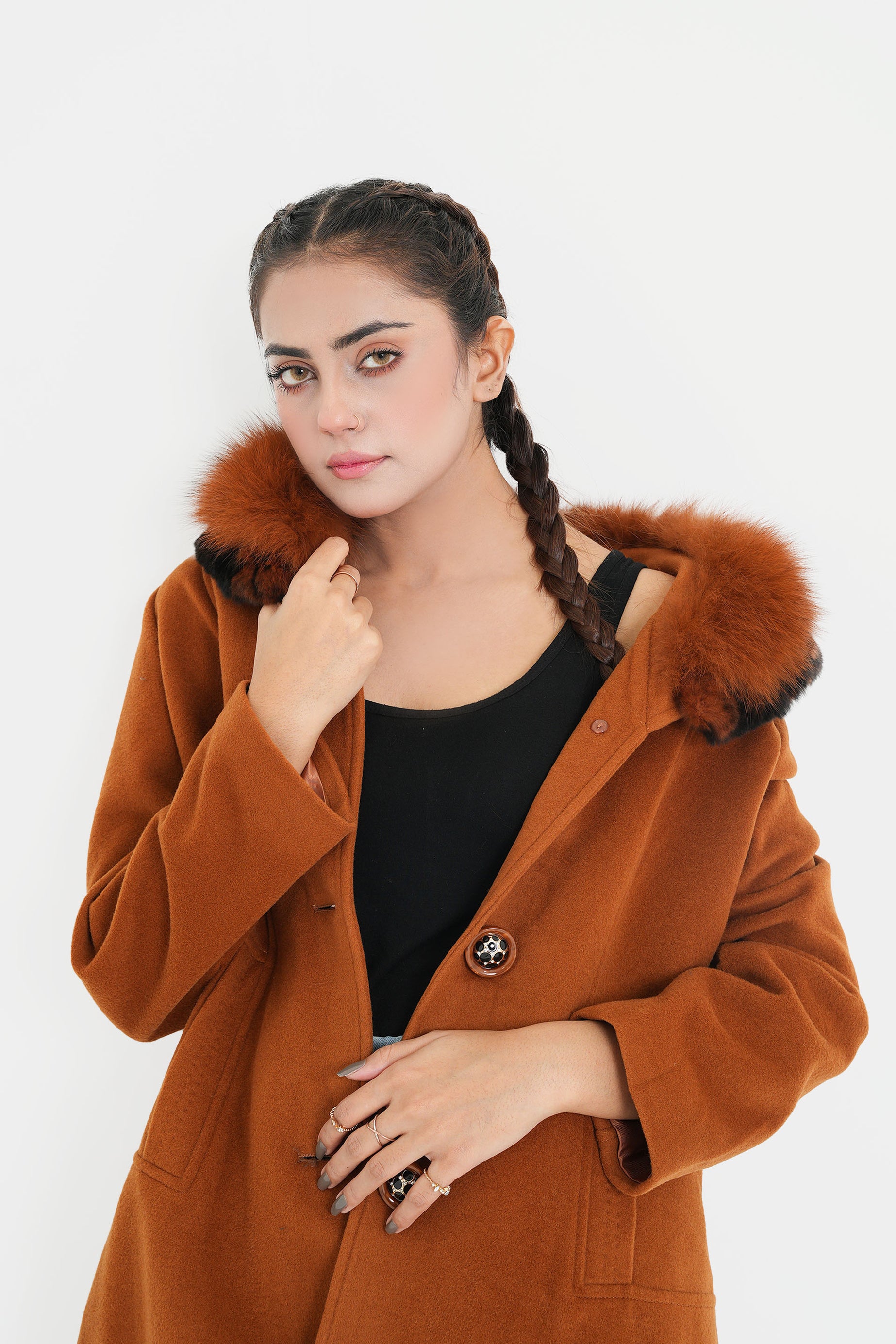 Imported Women Wool Long Coat Fur Neck