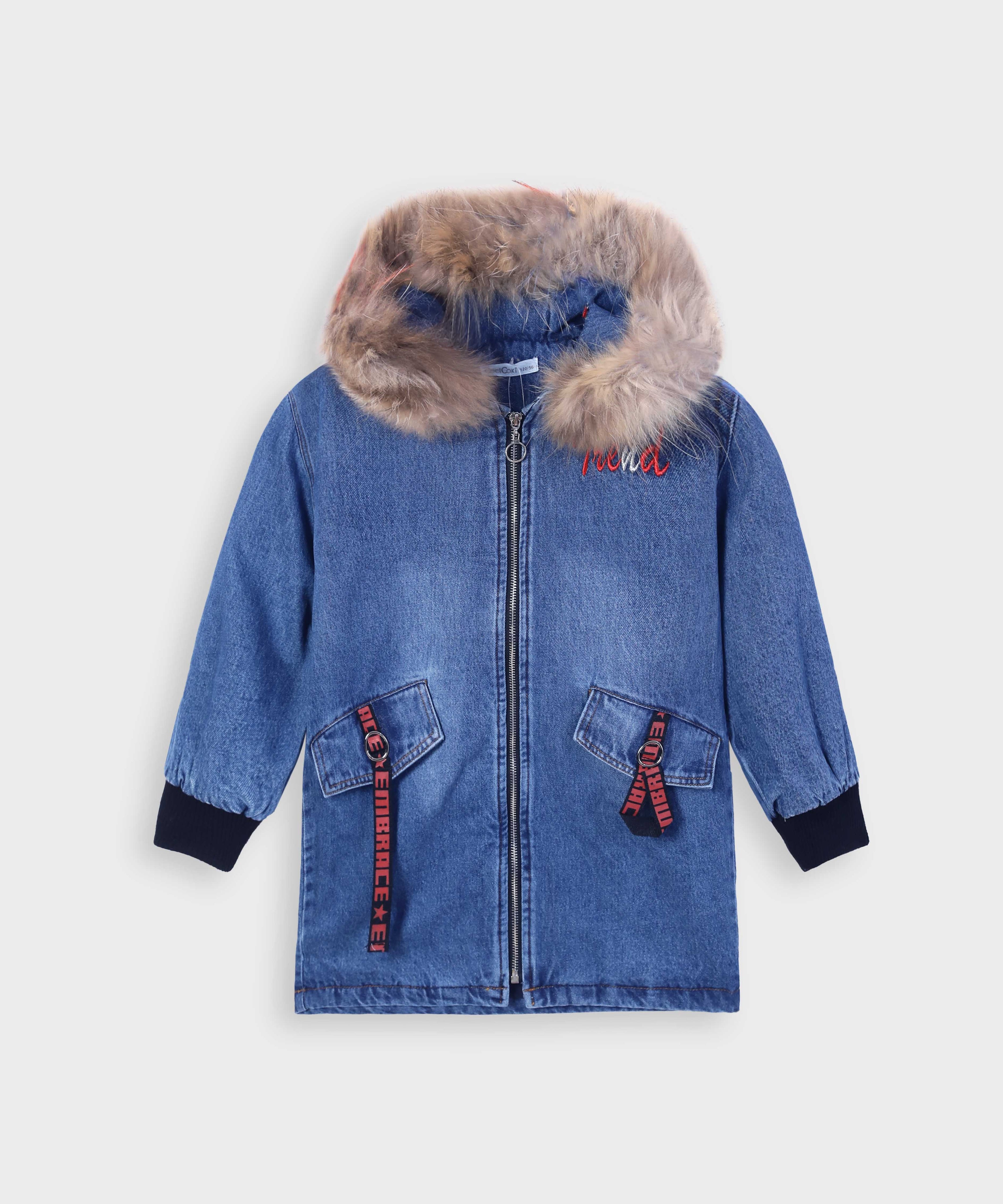 imported Girls Premium Quality Long Denim Jacket with Fur Lined Cap