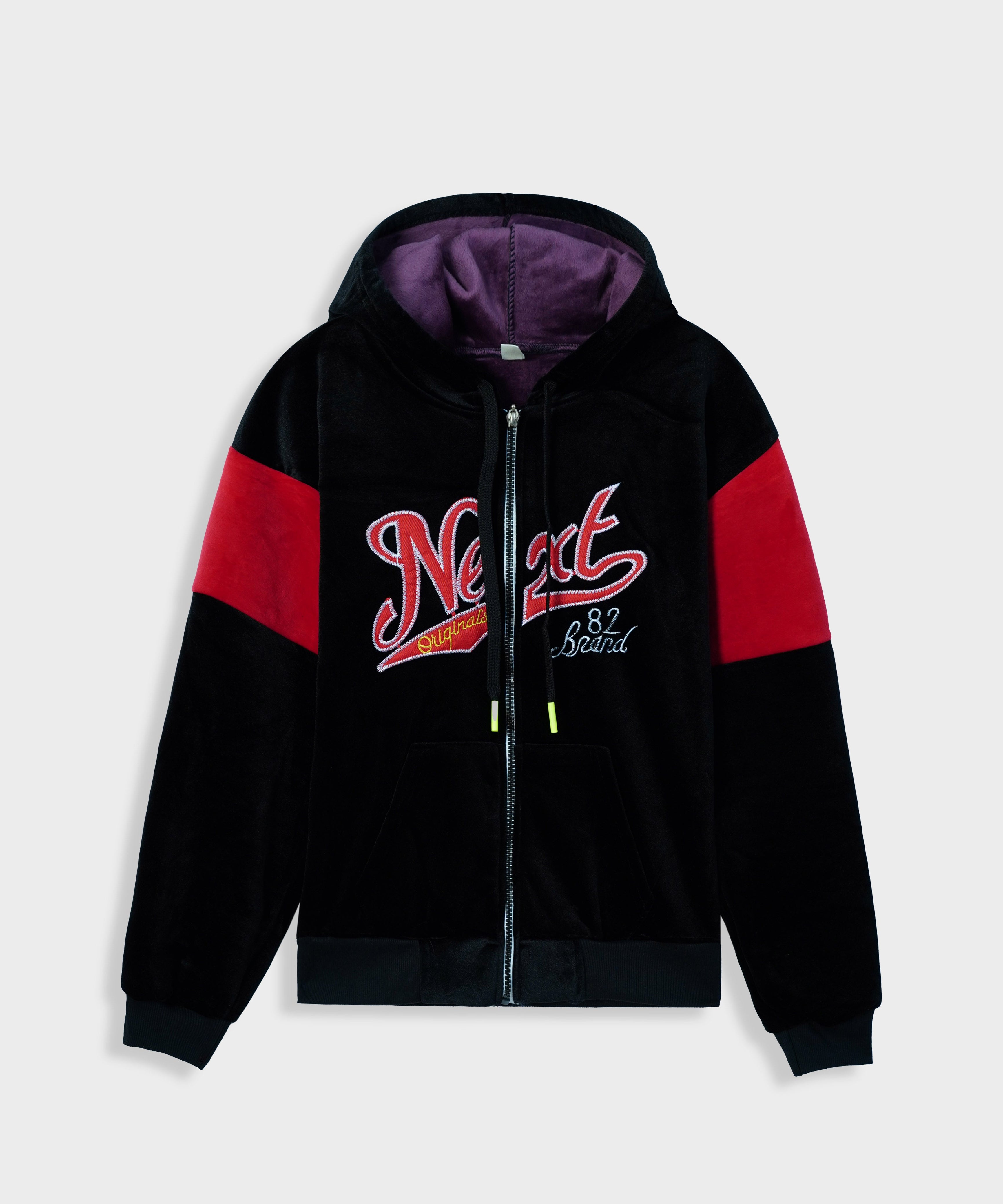 Kids Panel Sleeves Embroidered Velvet Black Zipper Hoodie