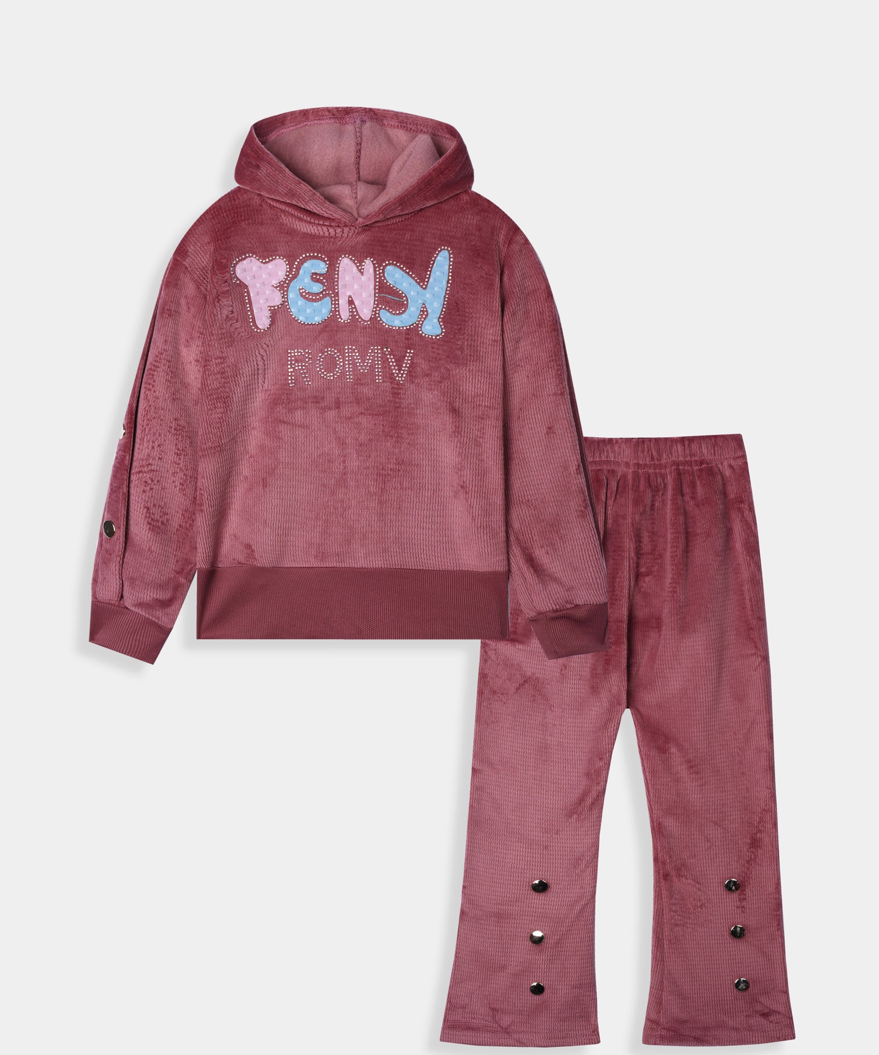 Imported Girls Pull Over Kotrai Velvet Printed Hoodie Suit