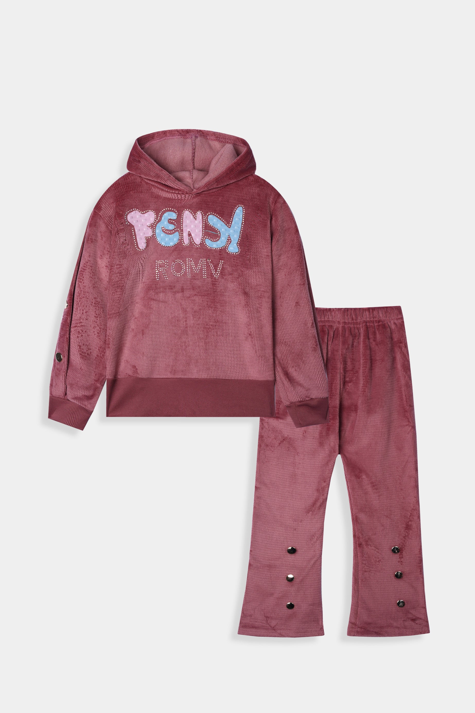 Imported Girls Pull Over Kotrai Velvet Printed Hoodie Suit