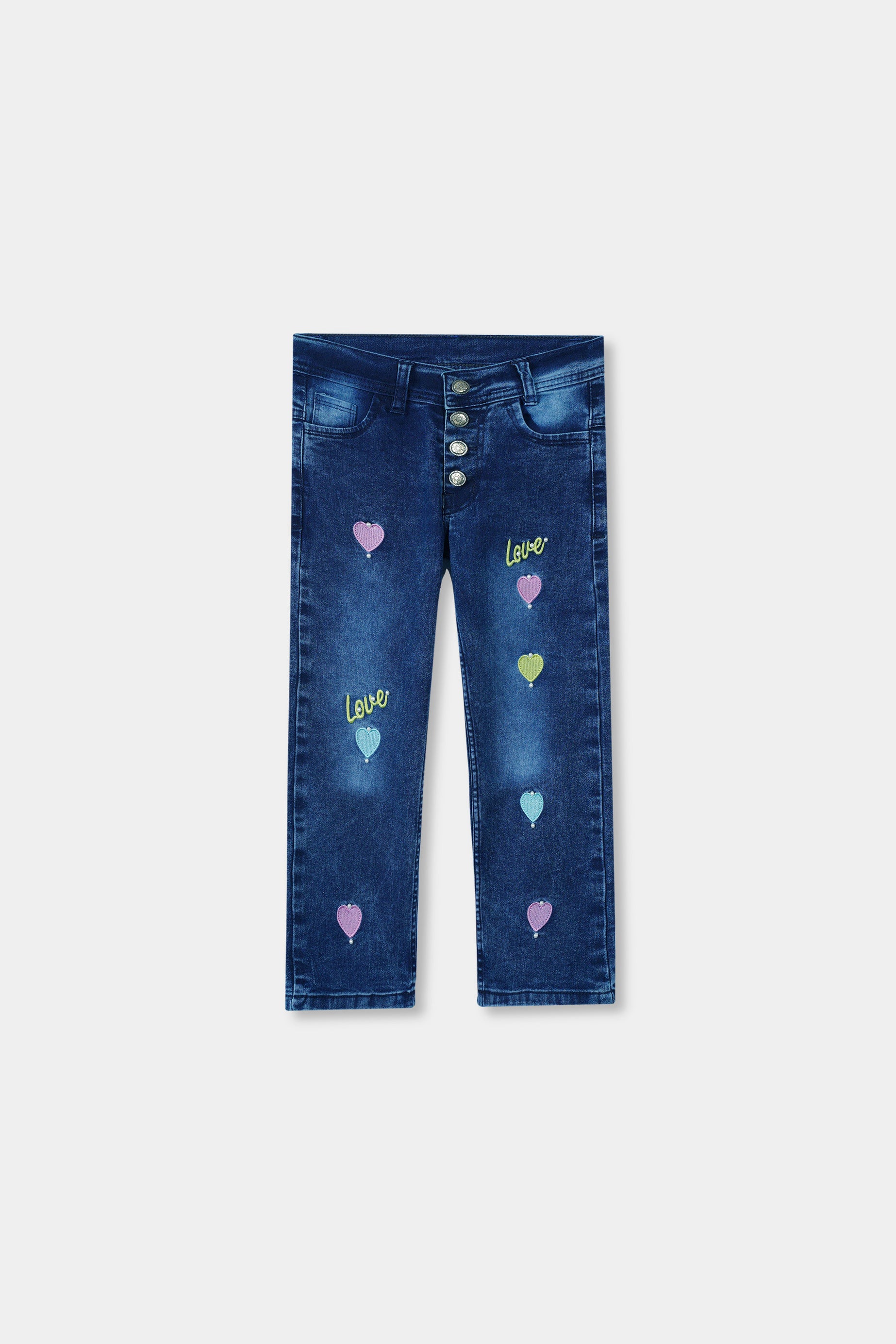 Girls Imported Embroidered Stretch Navy Blue Wide Leg Jeans