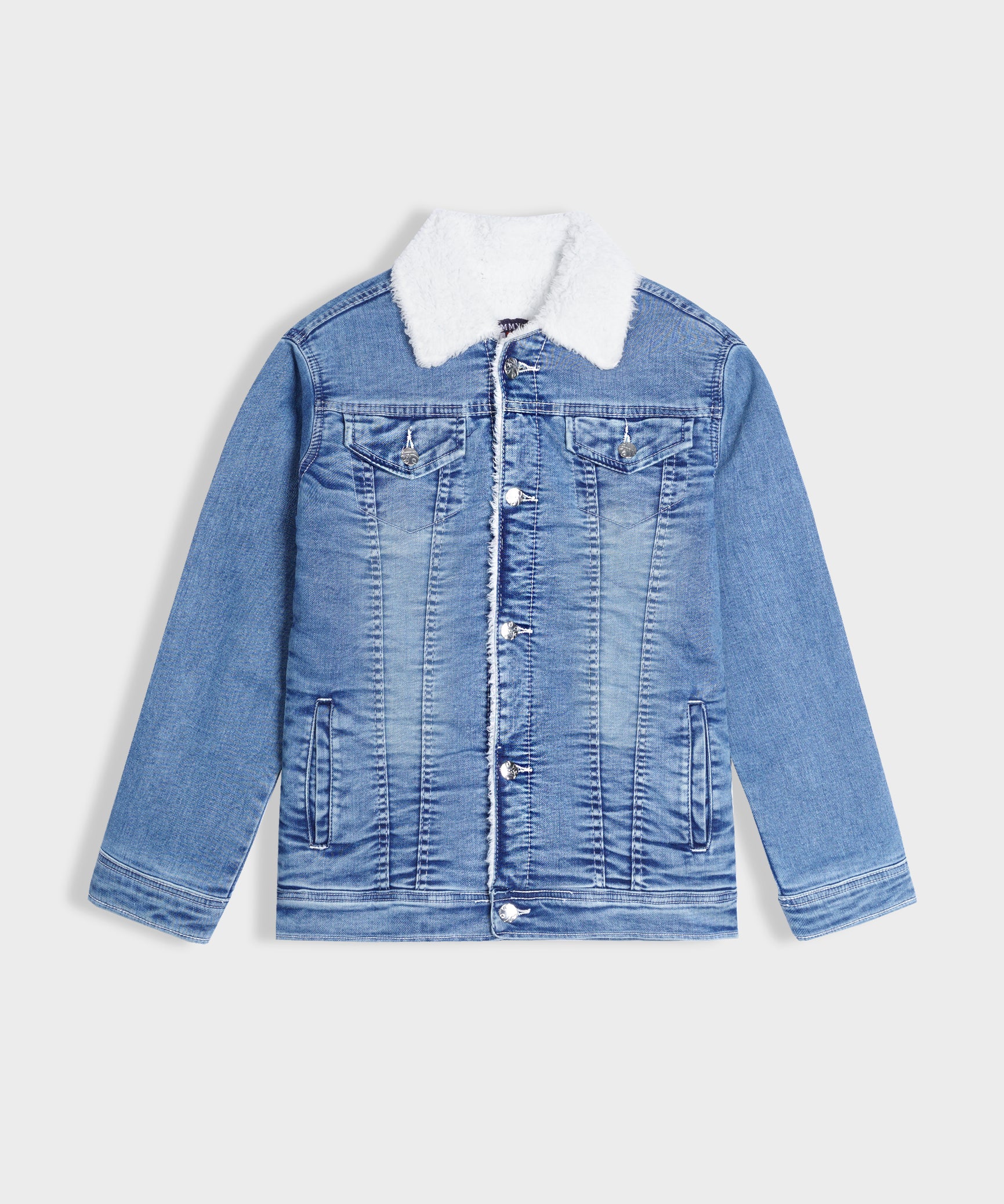 Imported Kids Denim Sky Blue Jacket With Neck Fur