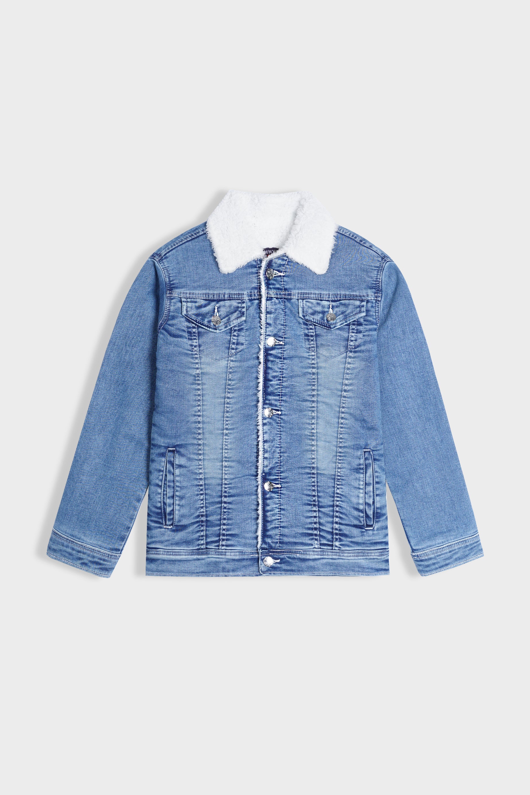 Imported Kids Denim Sky Blue Jacket With Neck Fur