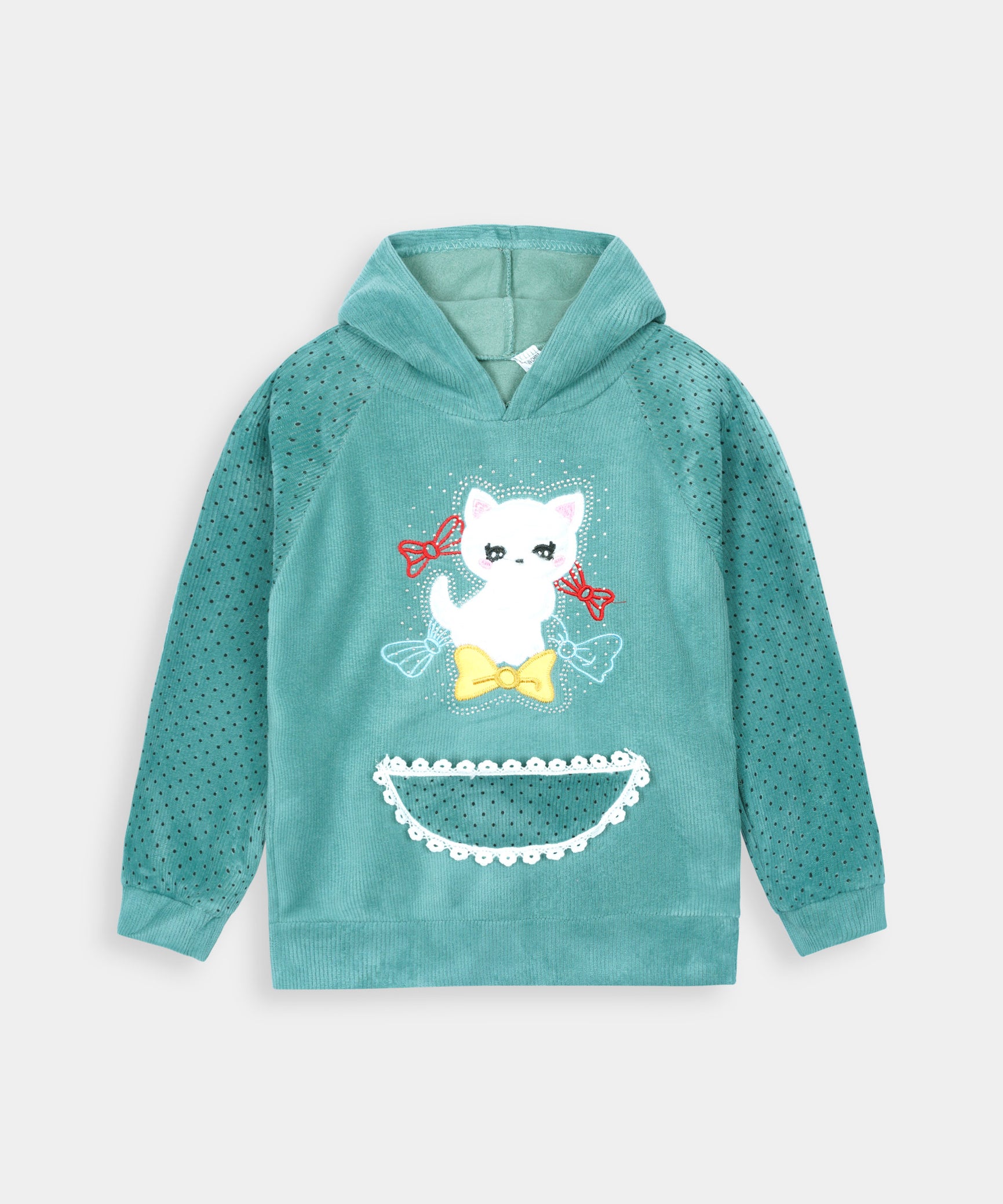 Imported Girls Pull Over Kotrai Velvet Printed Hoodie