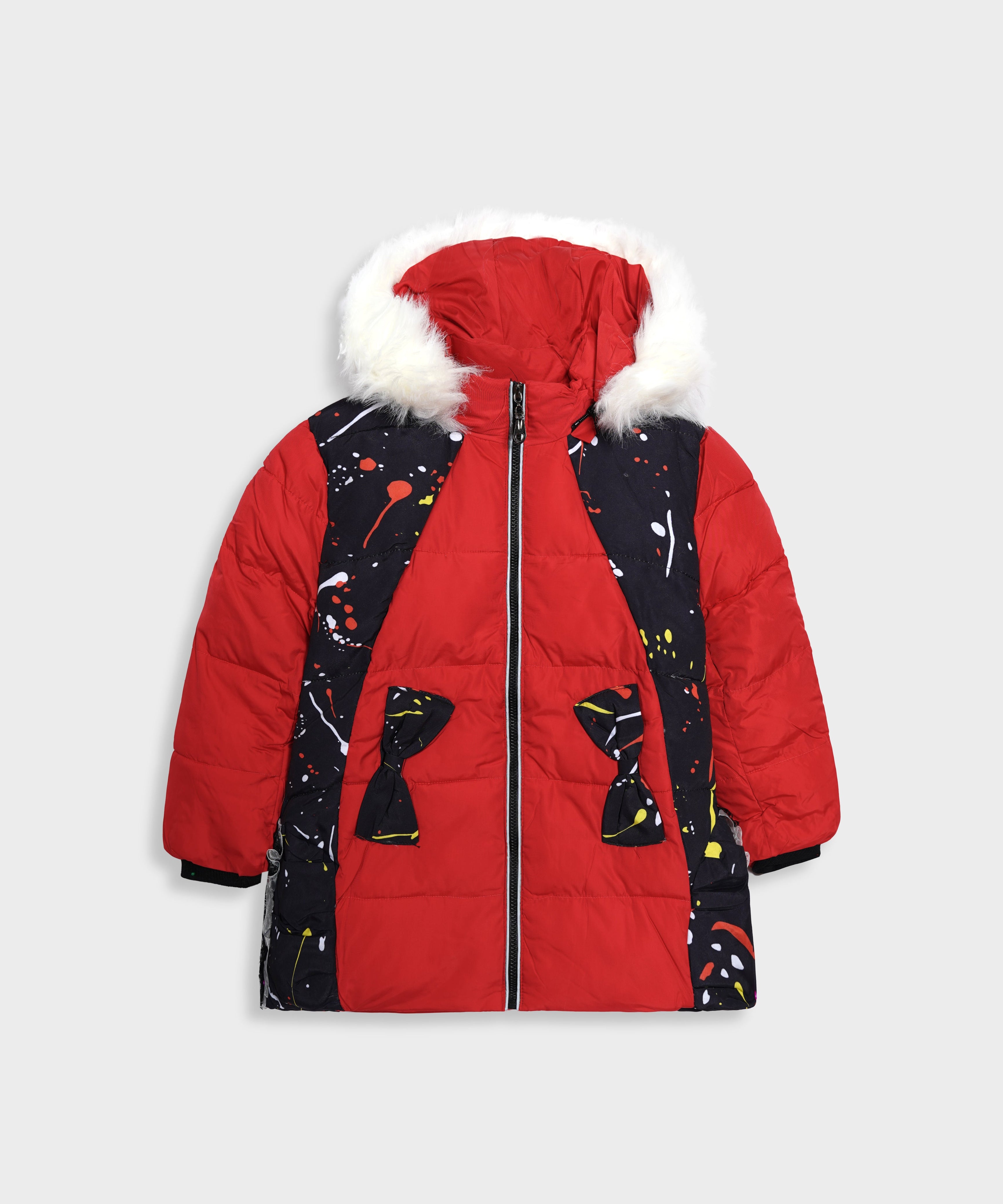 Girls imported Printed Quilted Zipper Hoodie Jacket With Fur Cap