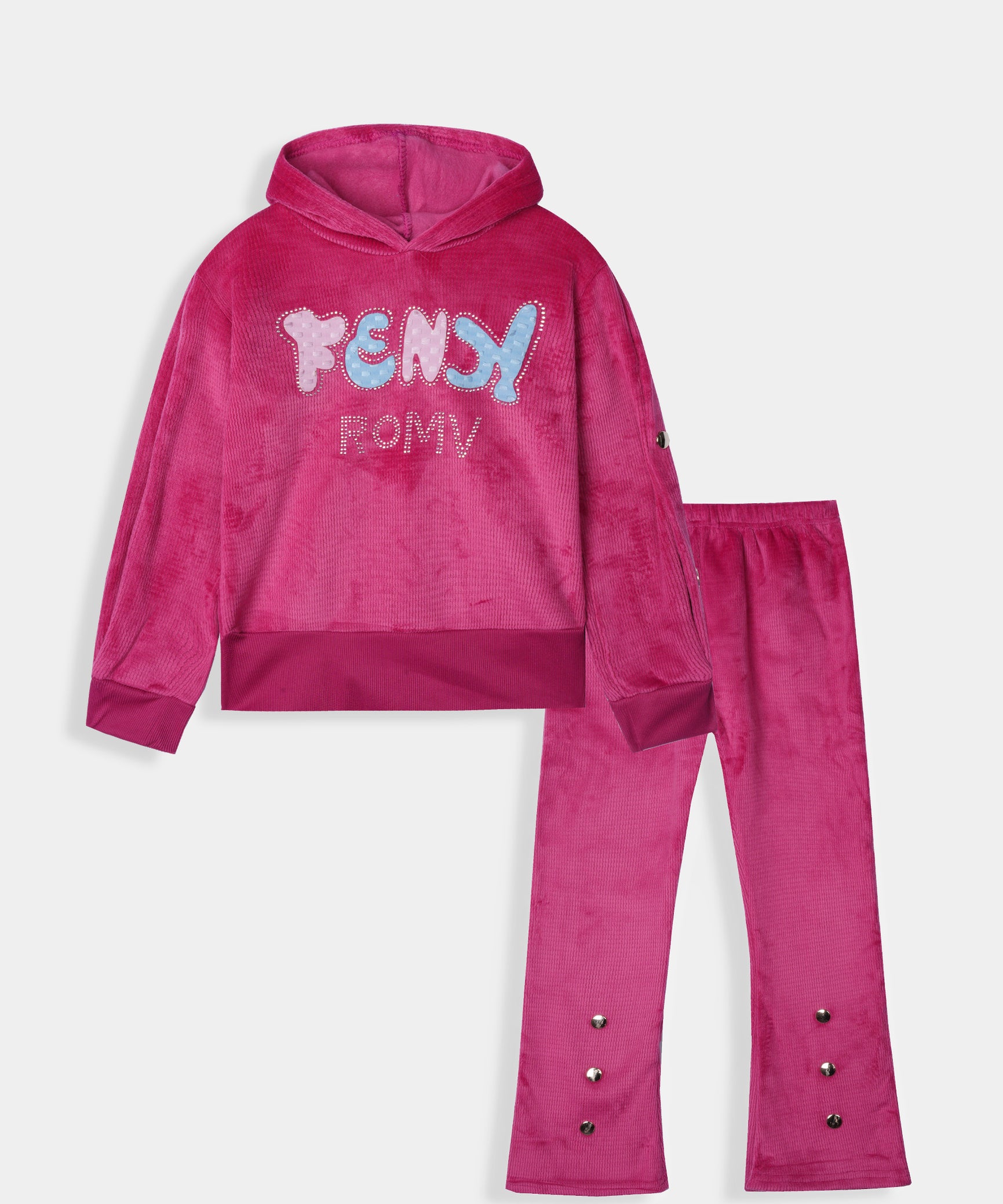 Imported Girls Pull Over Kotrai Velvet Printed Hoodie Suit