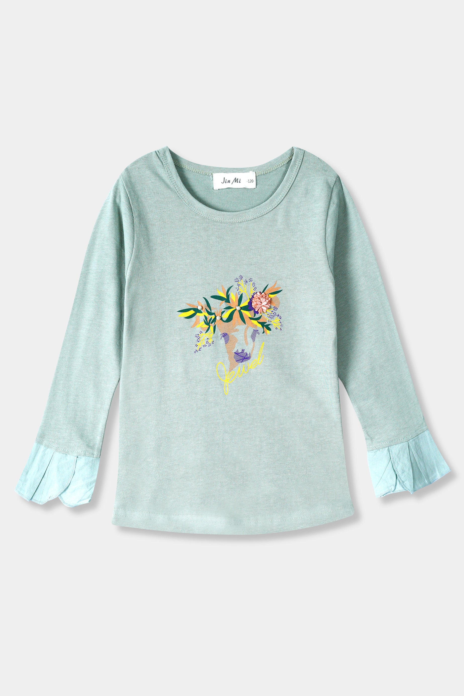 Girls Imported Soft Cotton Printed Long Sleeve T-Shirt With Frill Cuff